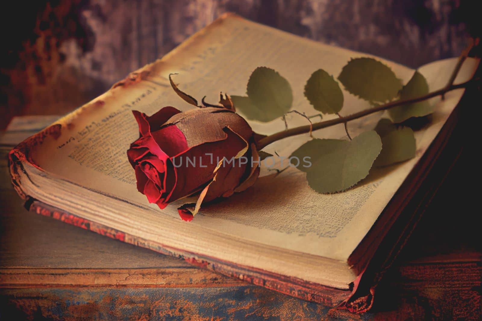 A dried red rose placed upon an old book conjures memories of a past romance. 3D illustration