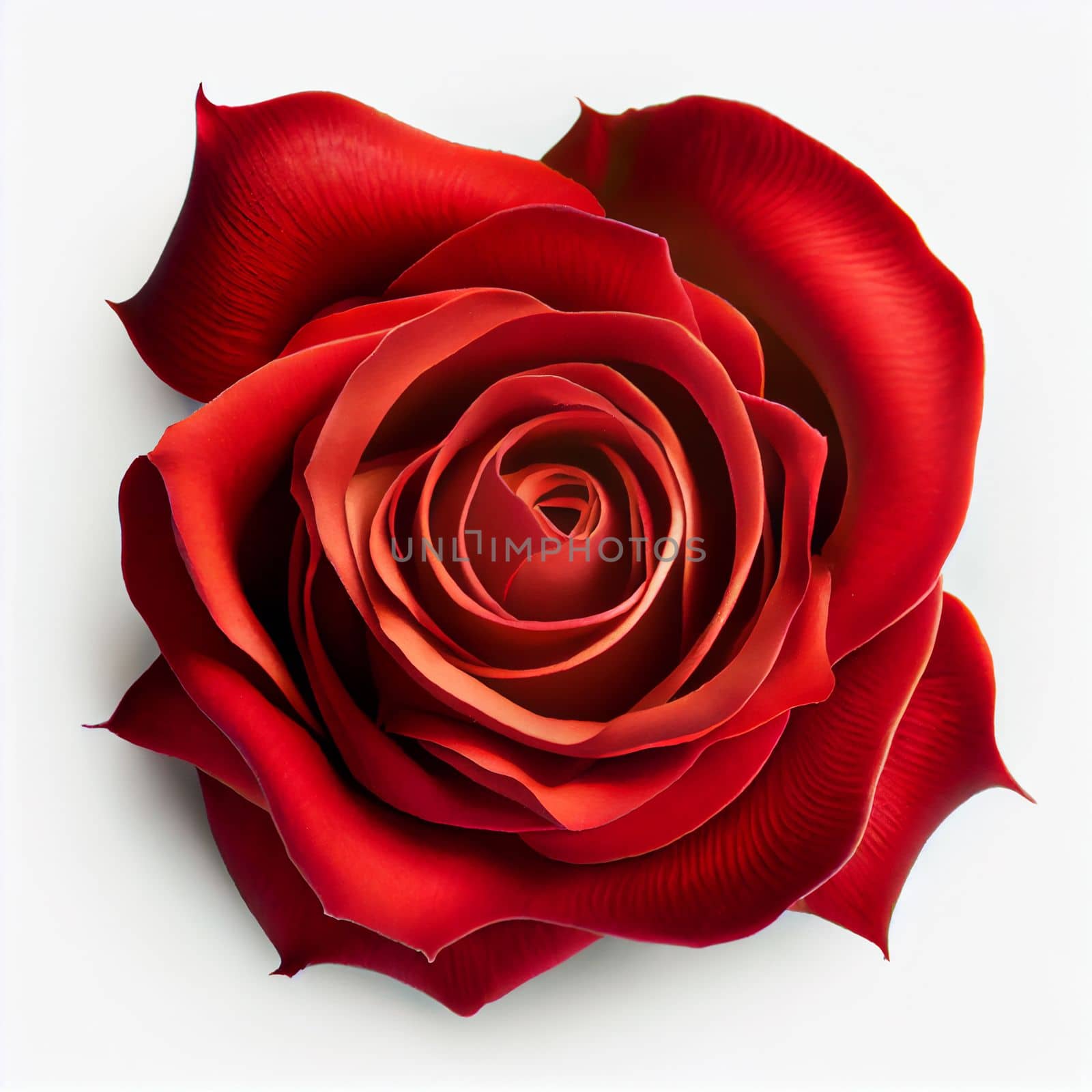 Top view of a red rose on a white background, perfect for representing the theme of Valentine's Day.