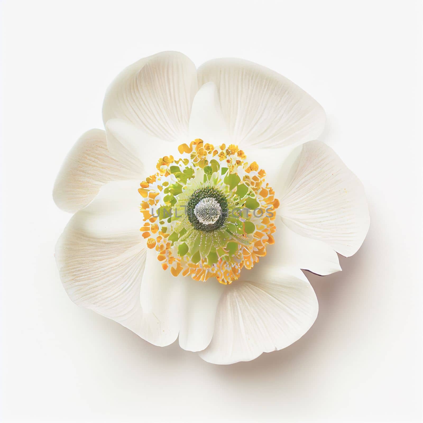 Top view of Anemone flower on a white background, perfect for representing the theme of Valentine's Day.