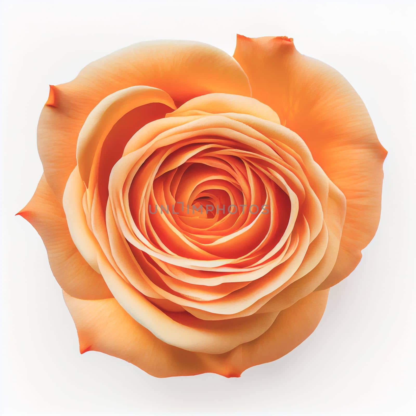 Top view of Orange Rose flower on a white background, perfect for representing the theme of Valentine's Day.