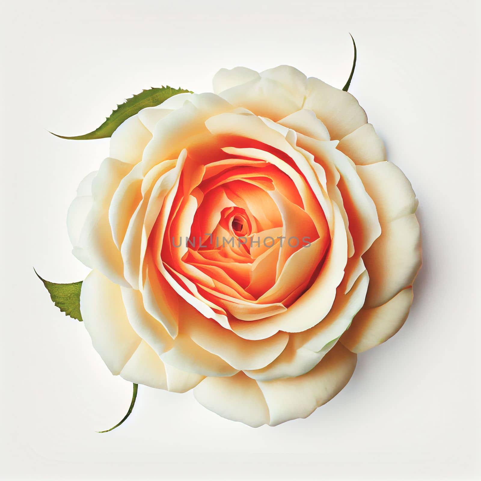 Top view a Tea Rose flower isolated on a white background, suitable for use on Valentine's Day cards, love letters, or springtime designs.