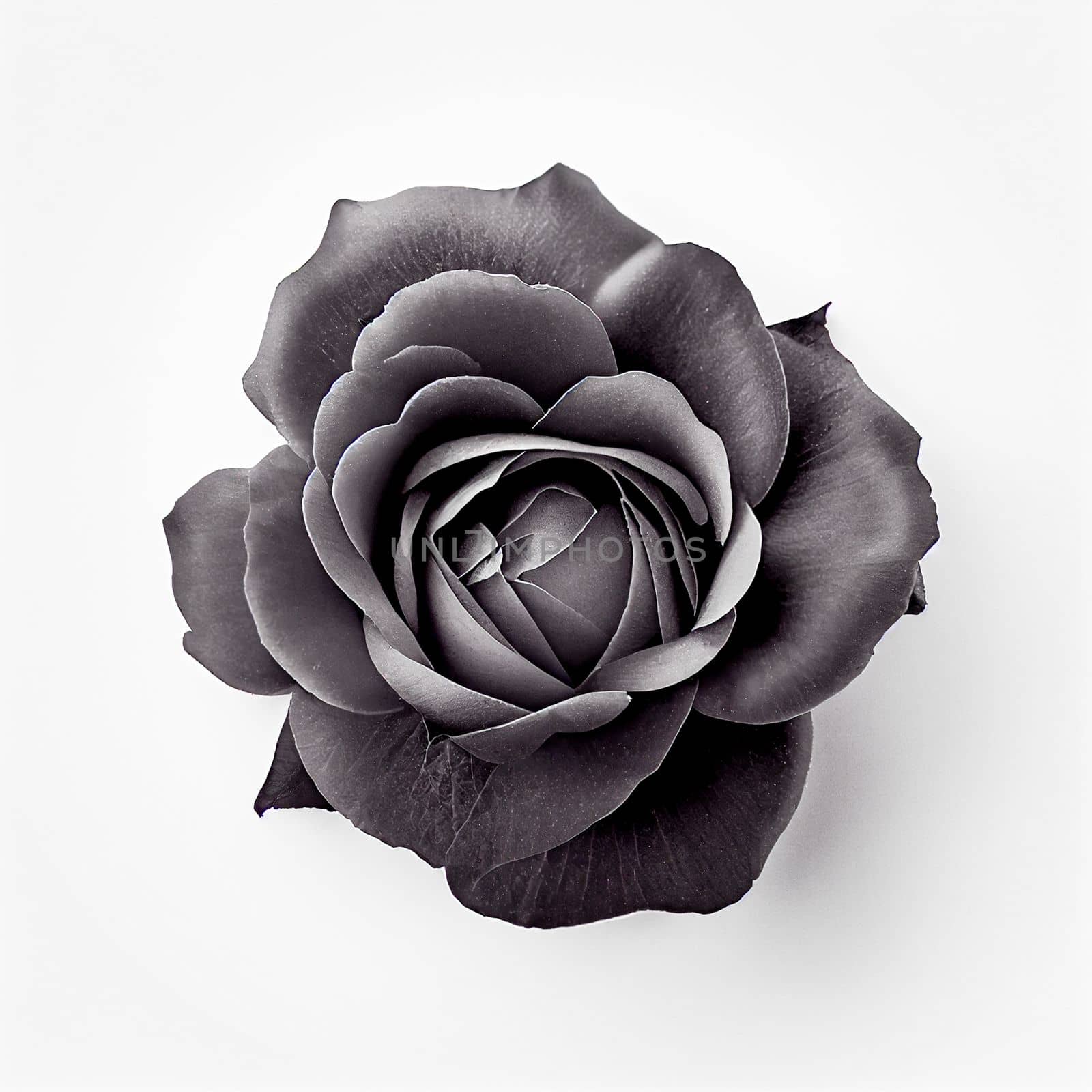 Top view of Black Rose flower on a white background, perfect for representing the theme of Valentine's Day.
