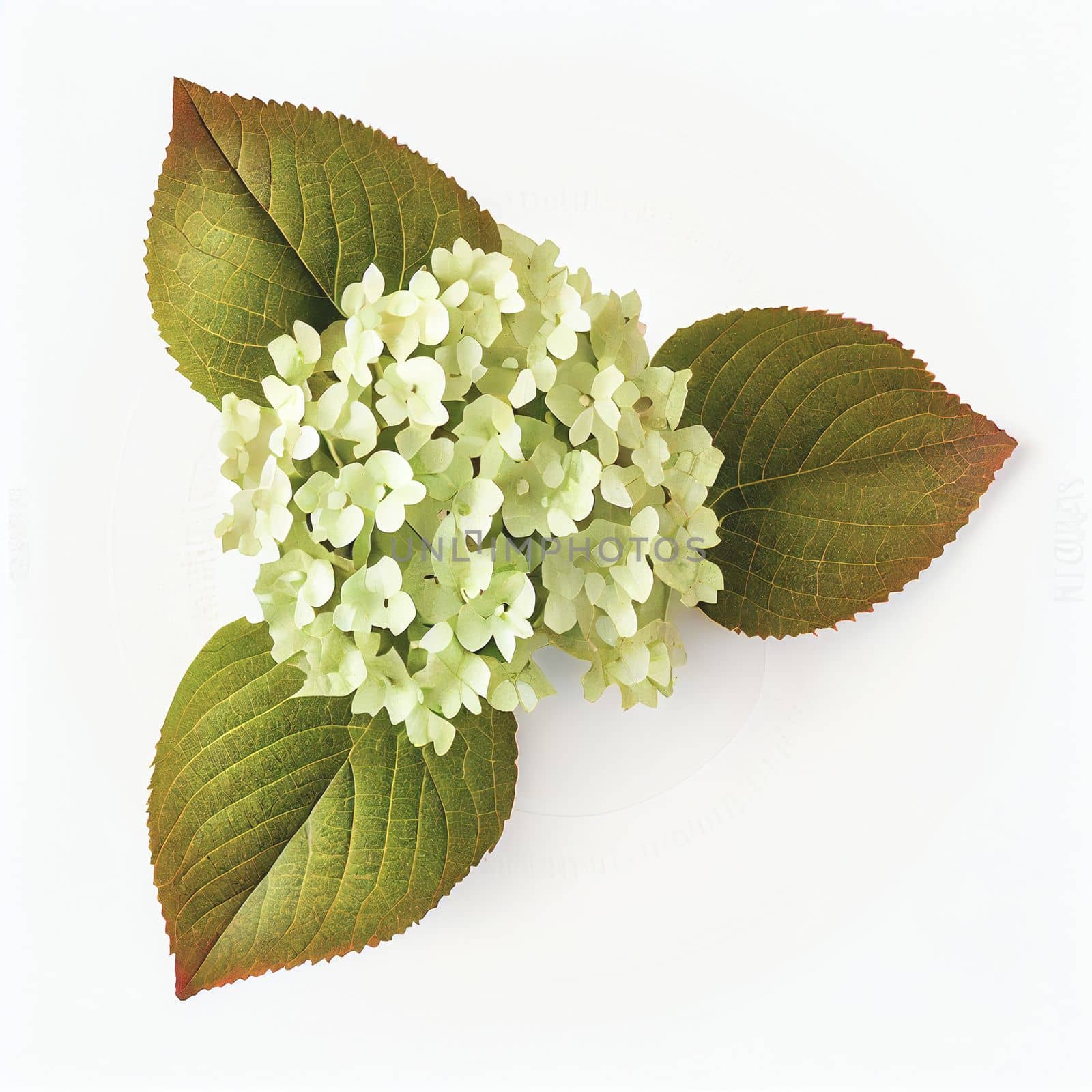 Oak-leaf hydrangea flower in a top view, isolated on a white background, suitable for use on Valentine's Day cards, love letters, or springtime designs.