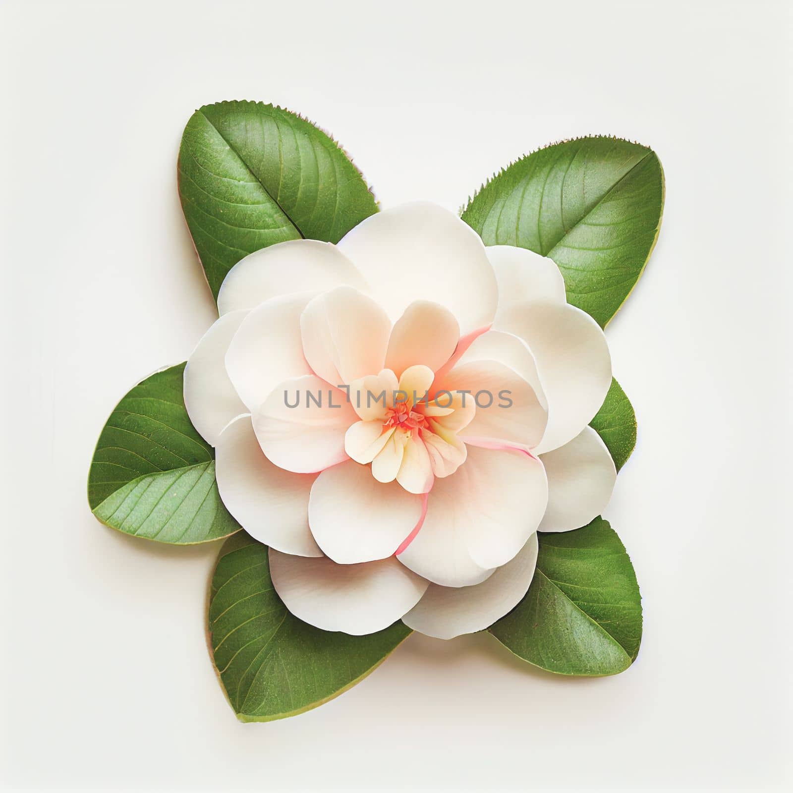 Camellia flower in a top view, isolated on a white background, suitable for use on Valentine's Day cards, love letters, or springtime designs.