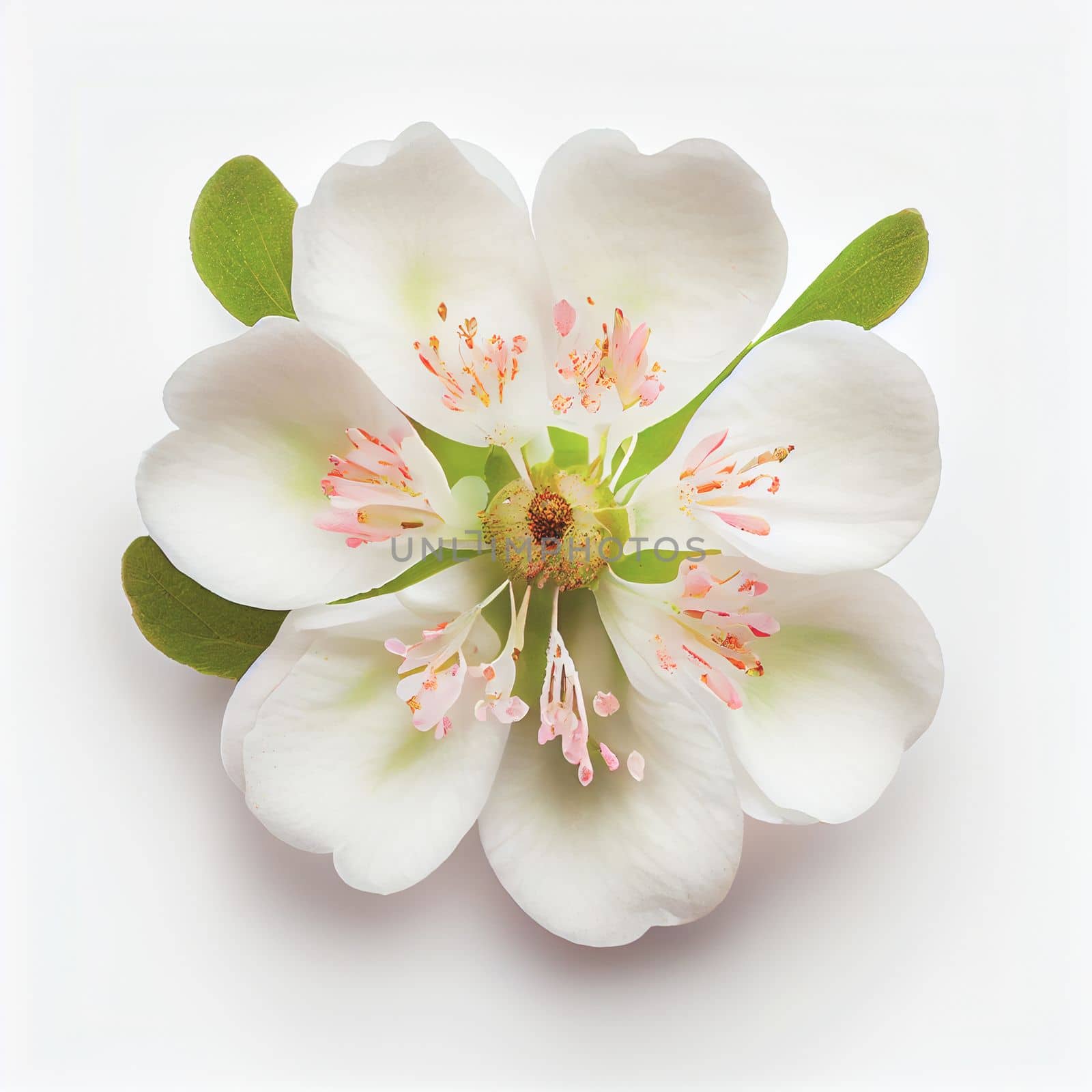 Top view a Apple blossom flower isolated on a white background, suitable for use on Valentine's Day cards, love letters, or springtime designs.