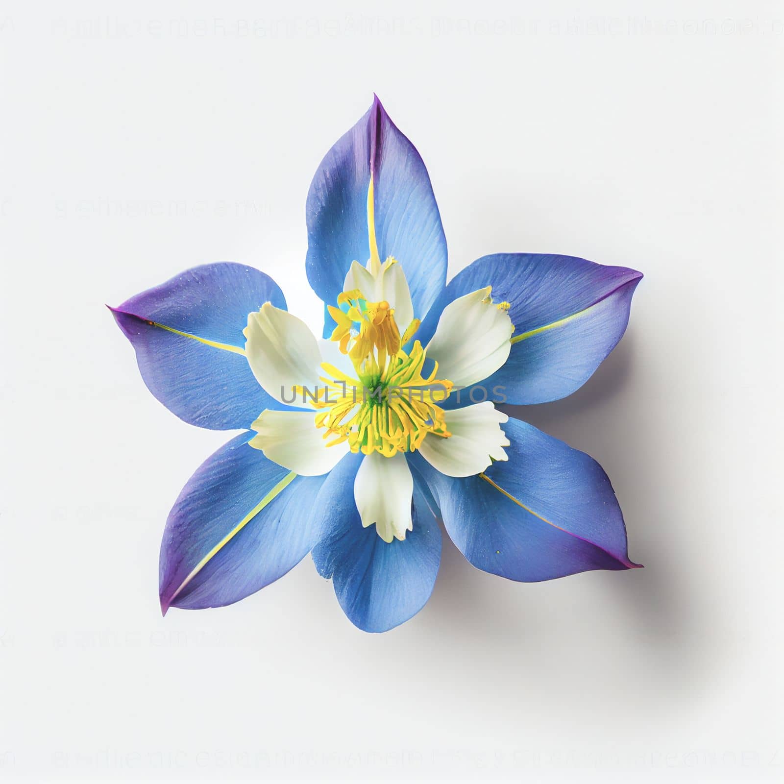 Top view a Colorado blue columbine flower isolated on a white background, suitable for use on Valentine's Day cards, love letters, or springtime designs.