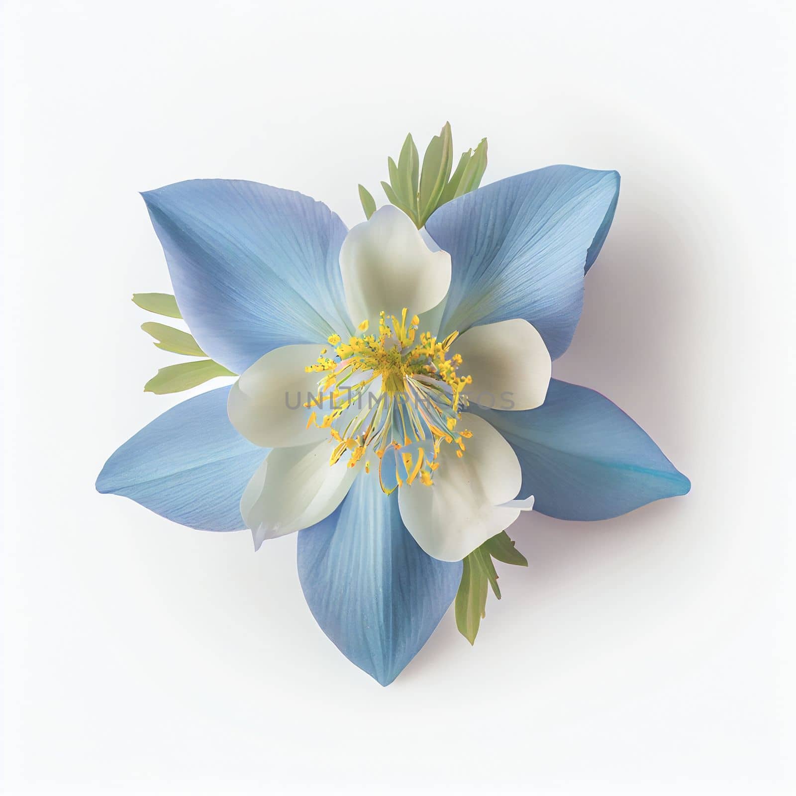 Top view a Colorado blue columbine flower isolated on a white background, suitable for use on Valentine's Day cards, love letters, or springtime designs.