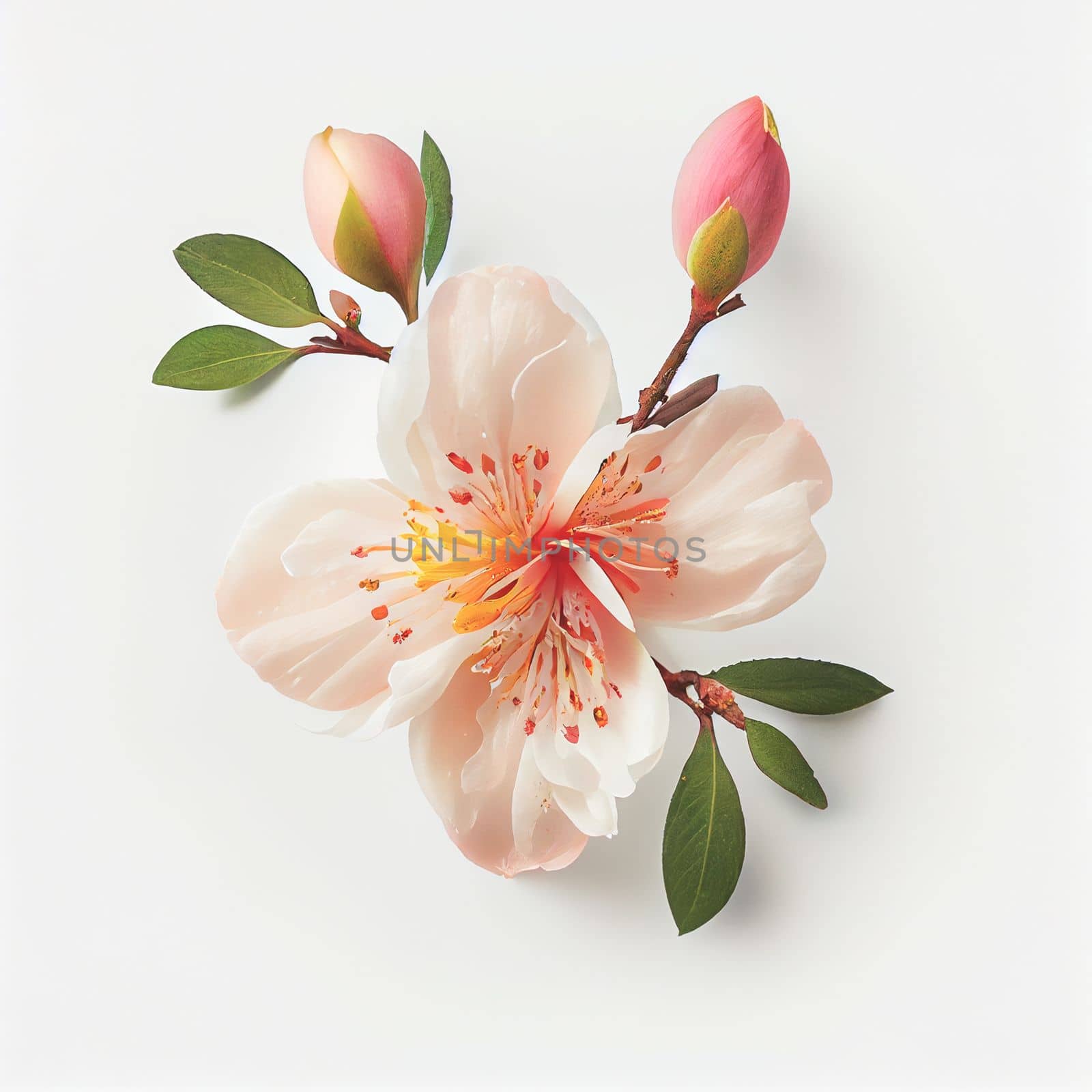 Top view a Peach blossom flower isolated on a white background, suitable for use on Valentine's Day cards, love letters, or springtime designs.