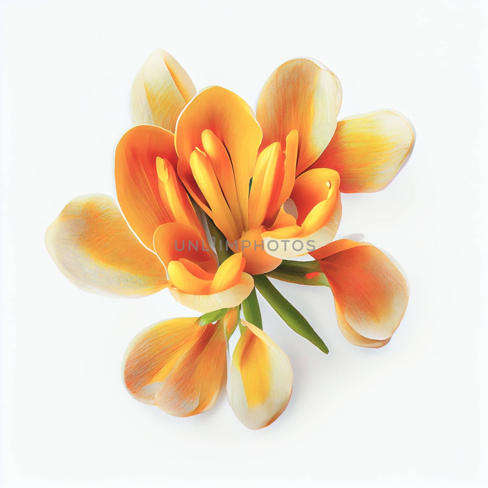 Top view a Freesia flower isolated on a white background, suitable for use on Valentine's Day cards, love letters, or springtime designs.