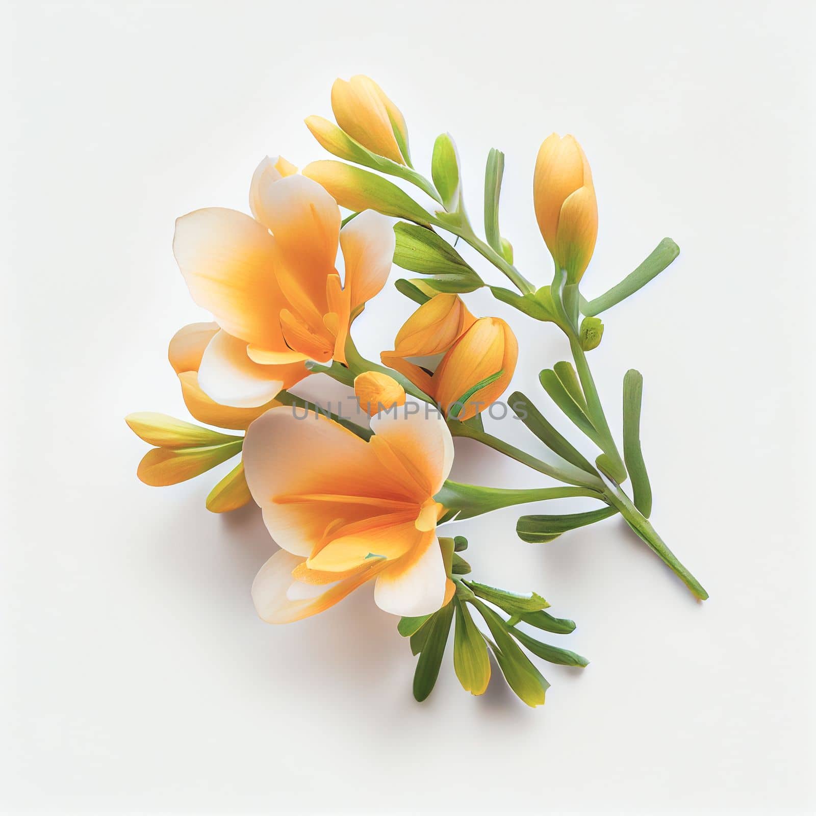 Top view a Freesia flower isolated on a white background, suitable for use on Valentine's Day cards, love letters, or springtime designs.