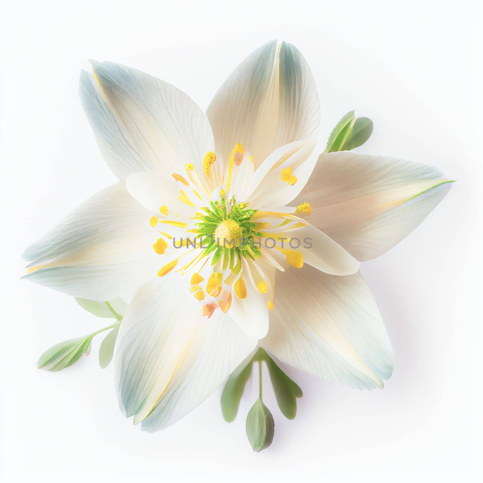 Top view a Columbine flower isolated on a white background, suitable for use on Valentine's Day cards, love letters, or springtime designs.