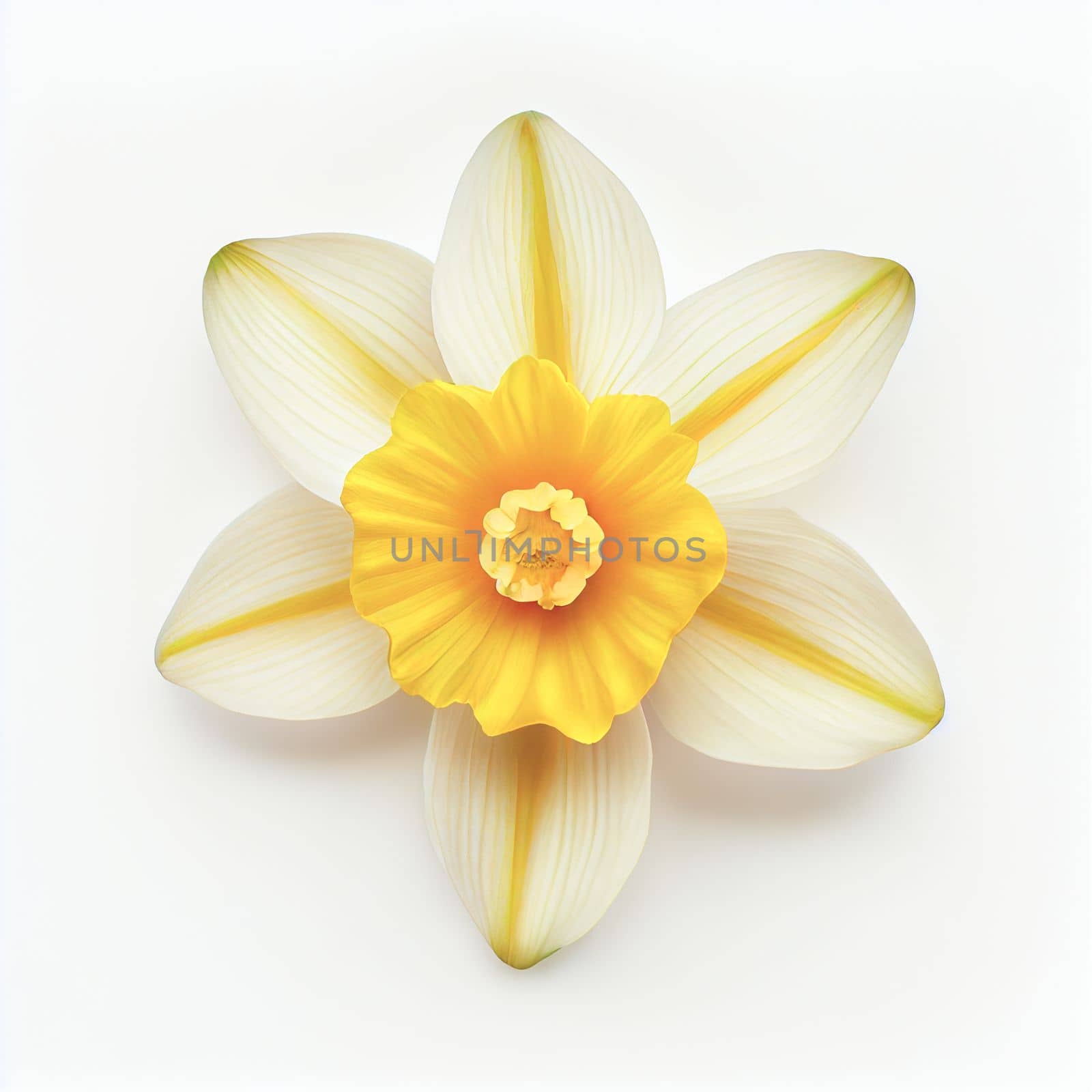 Top view a Daffodil flower isolated on a white background, suitable for use on Valentine's Day cards, love letters, or springtime designs.