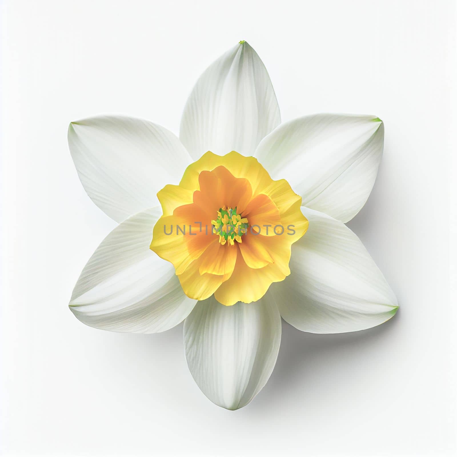 Top view a Daffodil flower isolated on a white background, suitable for use on Valentine's Day cards, love letters, or springtime designs.