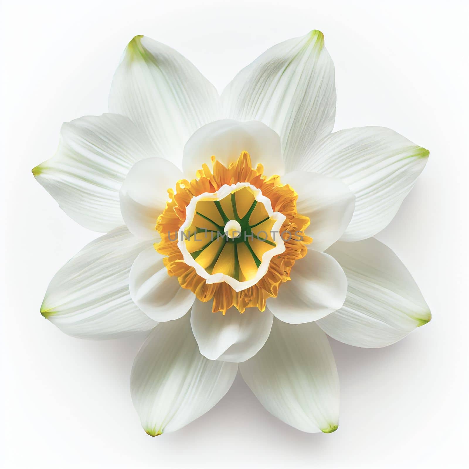 Top view a Daffodil flower isolated on a white background, suitable for use on Valentine's Day cards, love letters, or springtime designs.