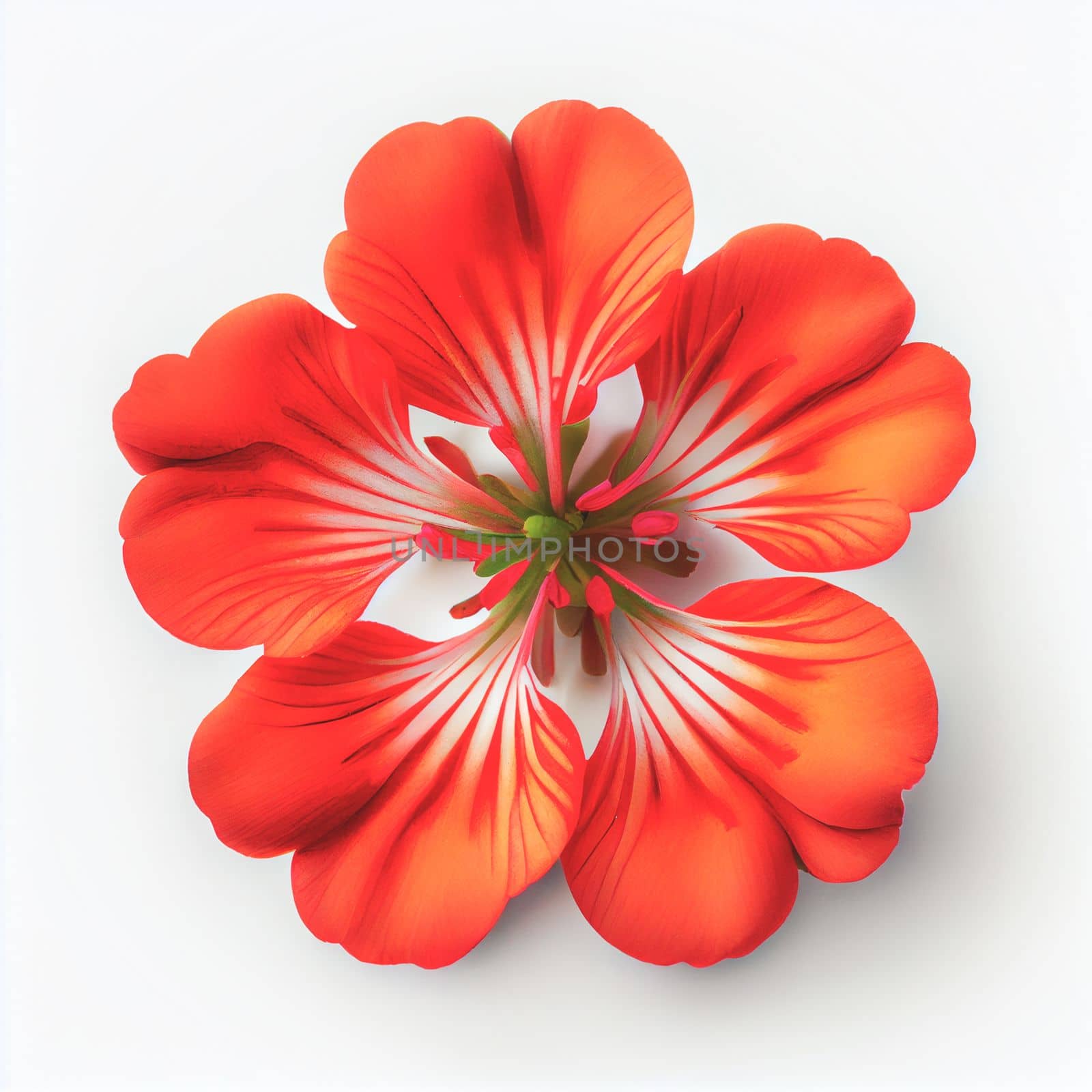 Top view a Geranium flower isolated on a white background, suitable for use on Valentine's Day cards, love letters, or springtime designs.