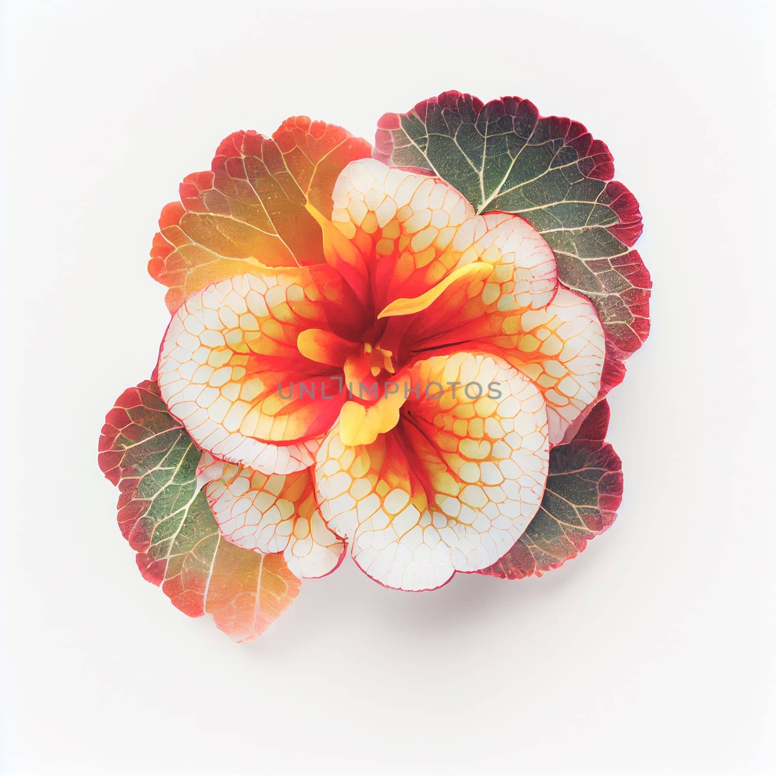 Top view a Begonia flower isolated on a white background, suitable for use on Valentine's Day cards, love letters, or springtime designs.