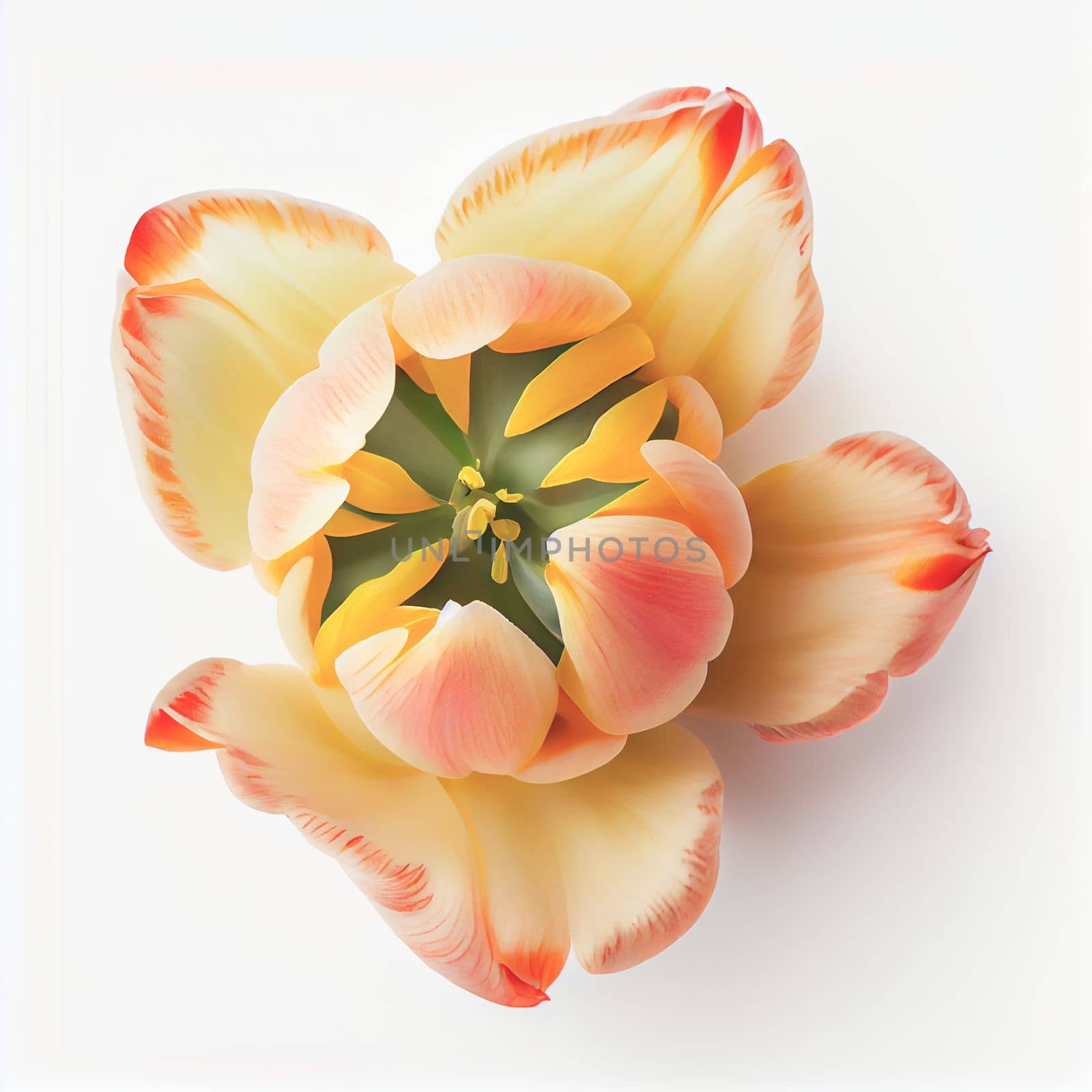 Top view a Tulip flower isolated on a white background, suitable for use on Valentine's Day cards, love letters, or springtime designs.