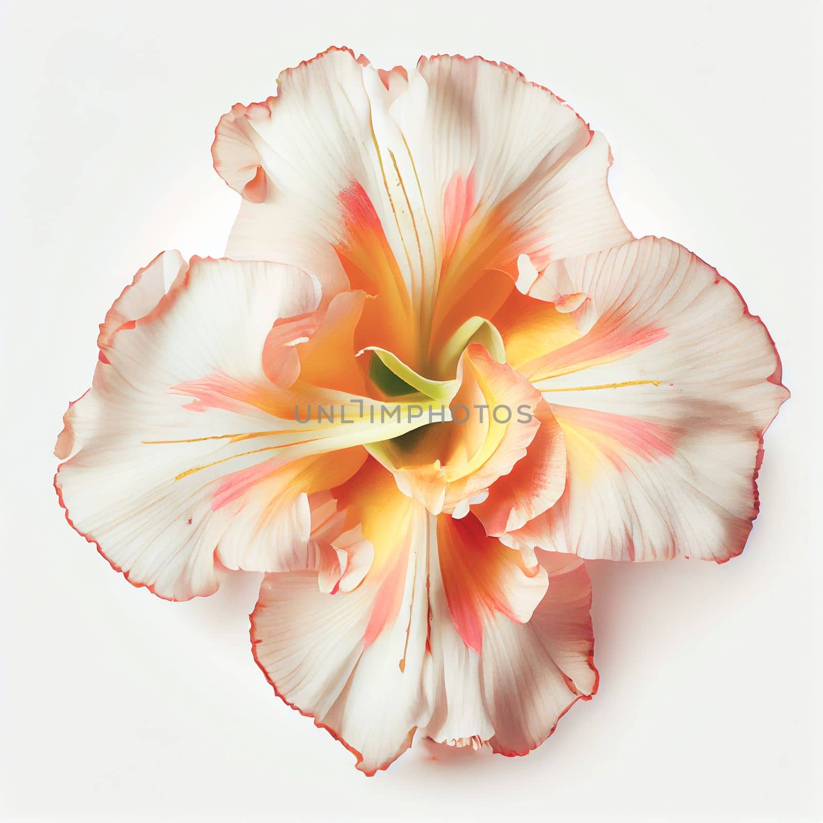 Top view a Gladiolus flower isolated on a white background, suitable for use on Valentine's Day cards, love letters, or springtime designs.