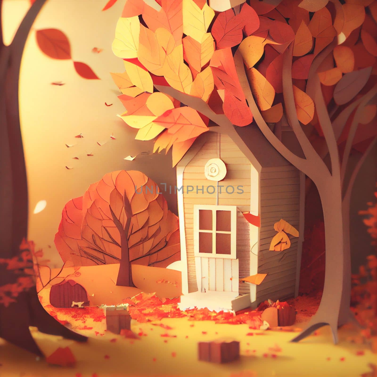 Autumn square banner with multi layered shapes and leaves in paper cut style. The effect of 3D render in papercraft art.