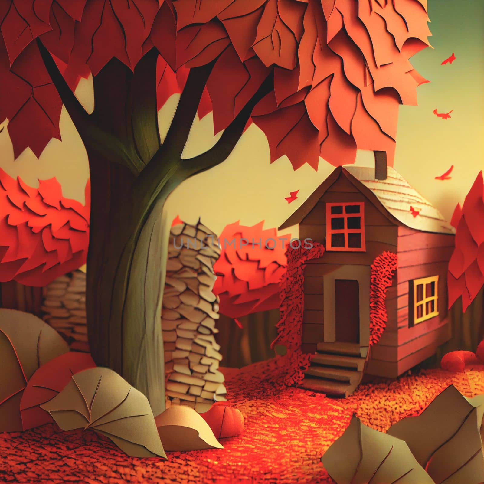 Autumn square banner with multi layered shapes and leaves in paper cut style. The effect of 3D render in papercraft art.