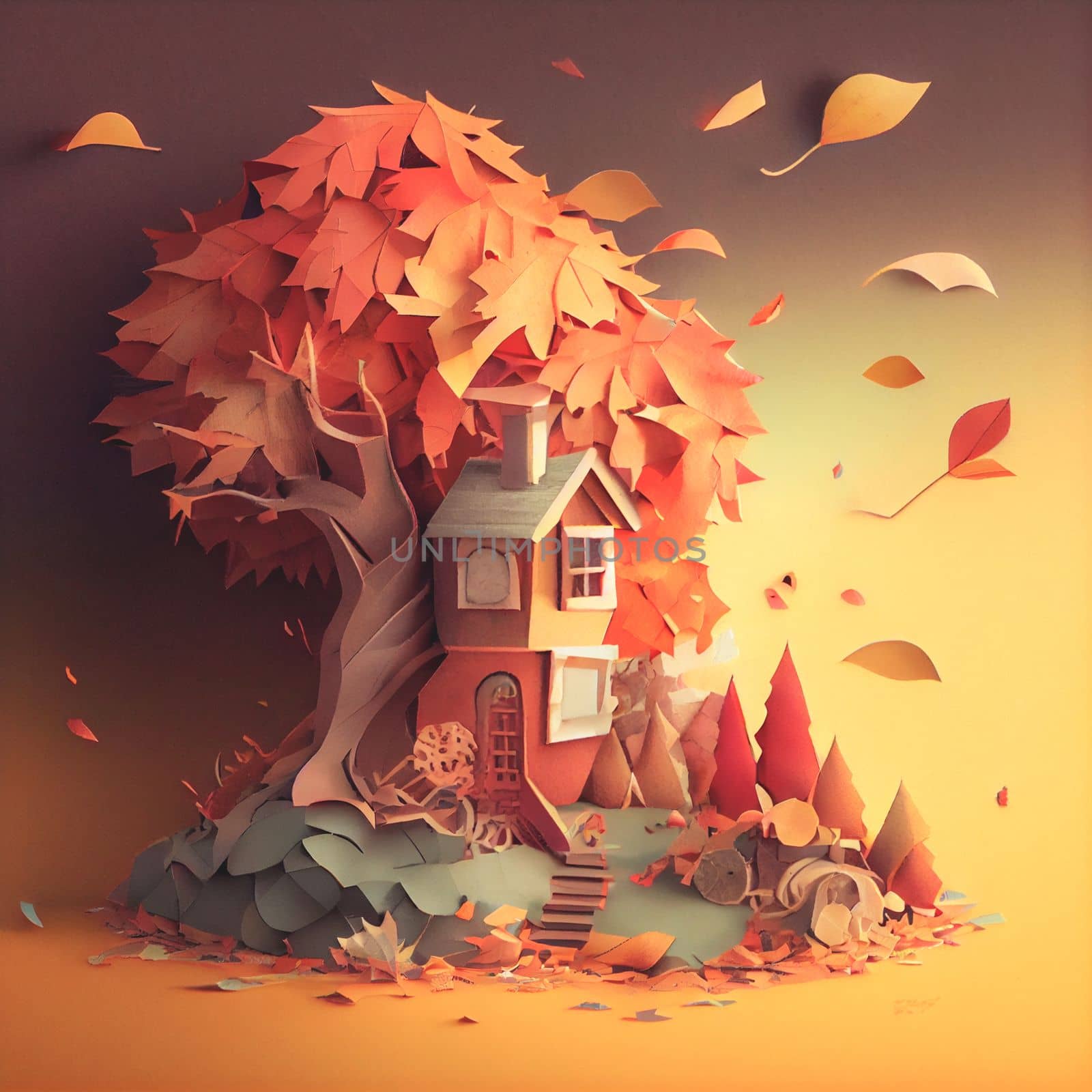 Autumn square banner with multi layered shapes and leaves in paper cut style. The effect of 3D render in papercraft art.