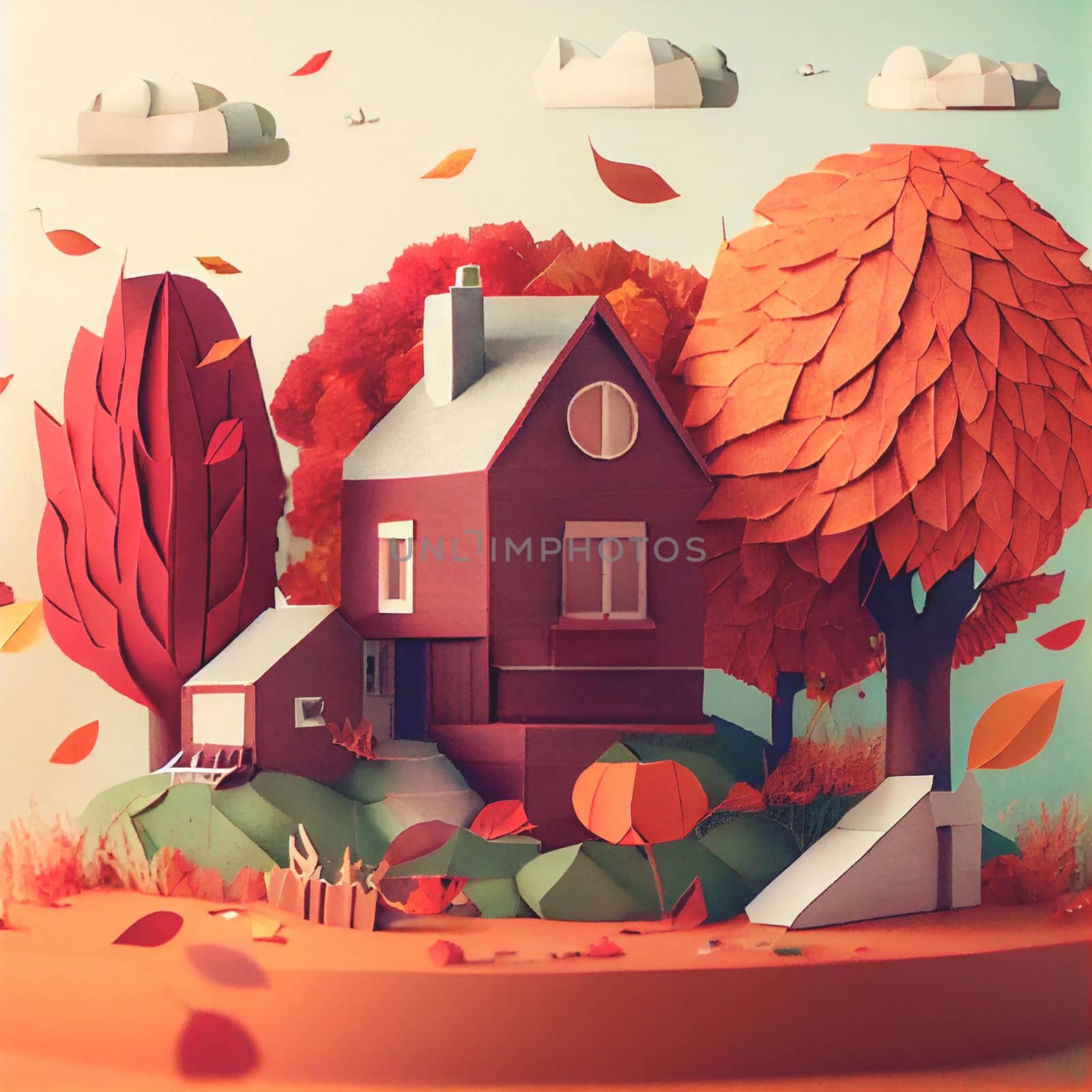 Autumn square banner with multi layered shapes and leaves in paper cut style. The effect of 3D render in papercraft art.