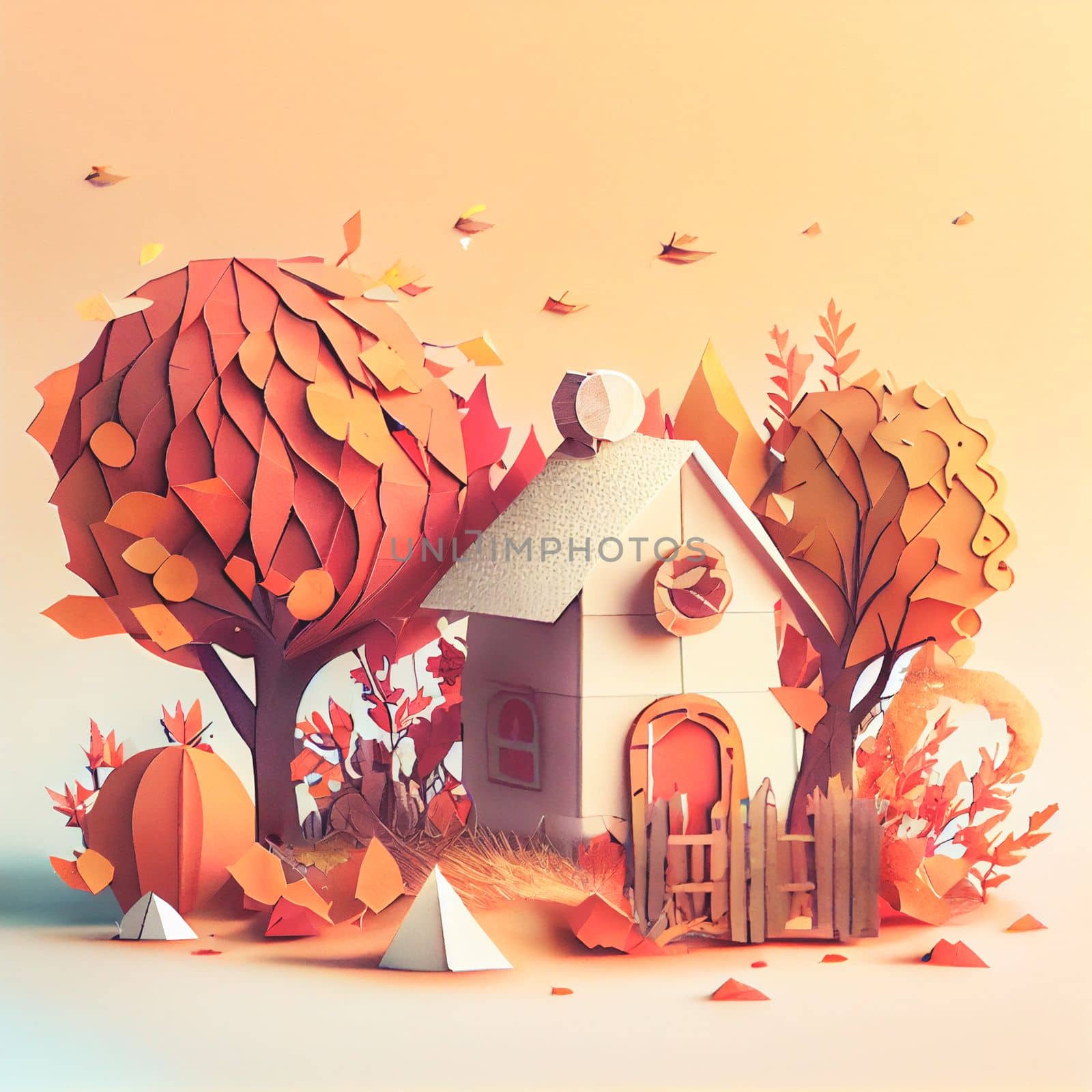 Autumn square banner with multi layered shapes and leaves in paper cut style. The effect of 3D render in papercraft art.