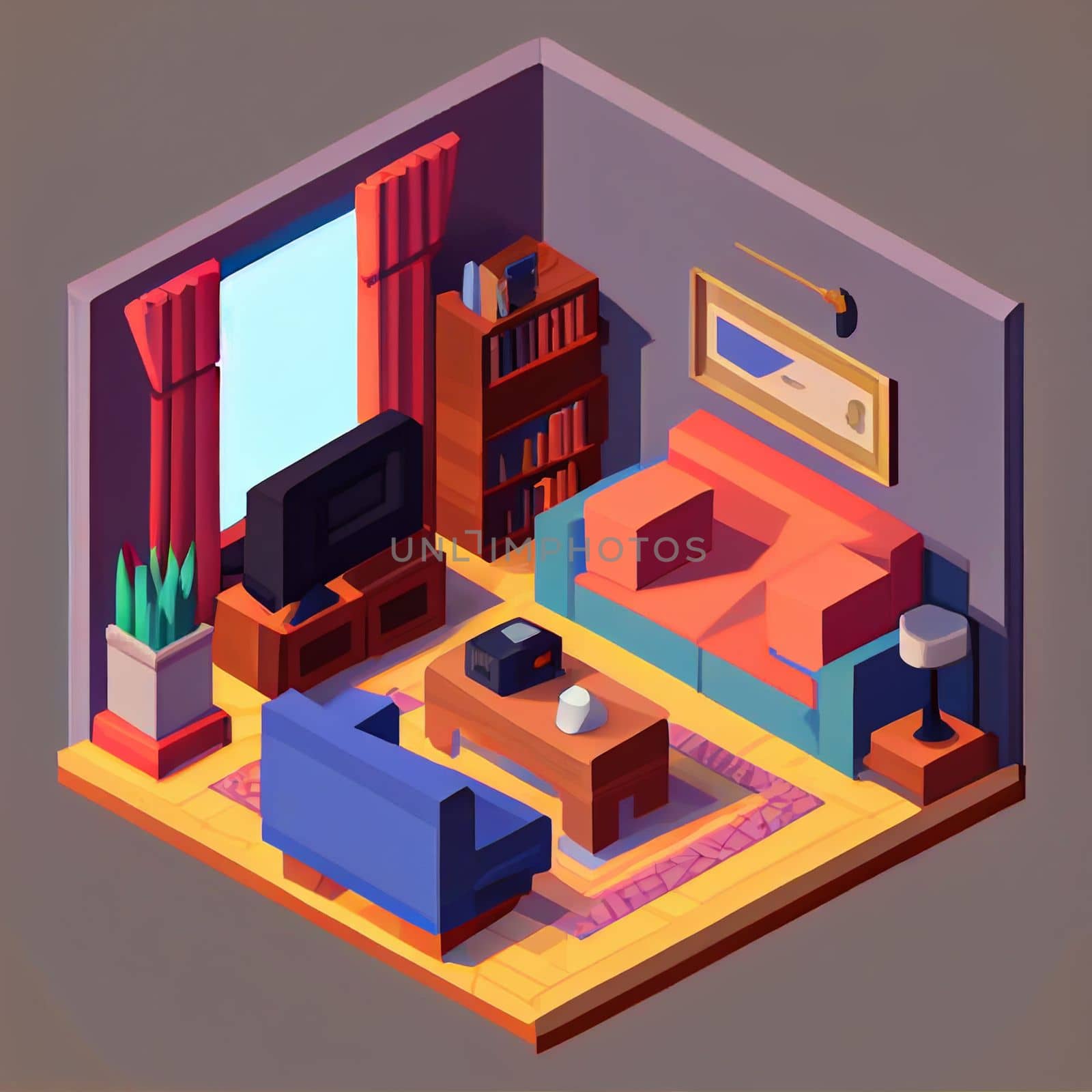 3d illustration isometric interior cute design. Living room includes a lot of voluminous objects and details. by FokasuArt