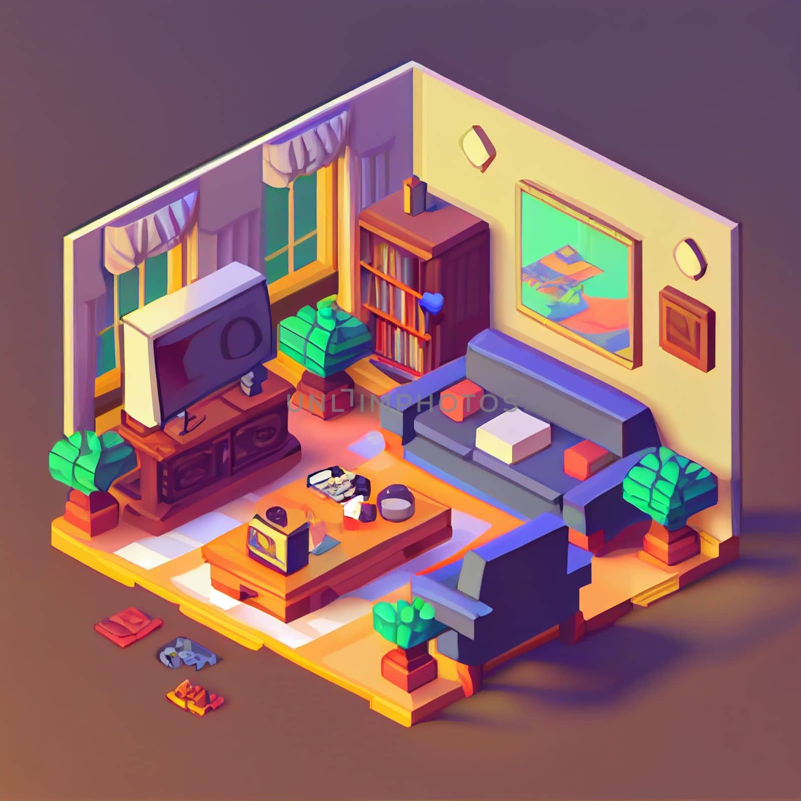 3d illustration isometric interior cute design. Living room includes sofa, coffee table, windows, curtain, clock, frame and other furniture. A lot of voluminous objects and details.