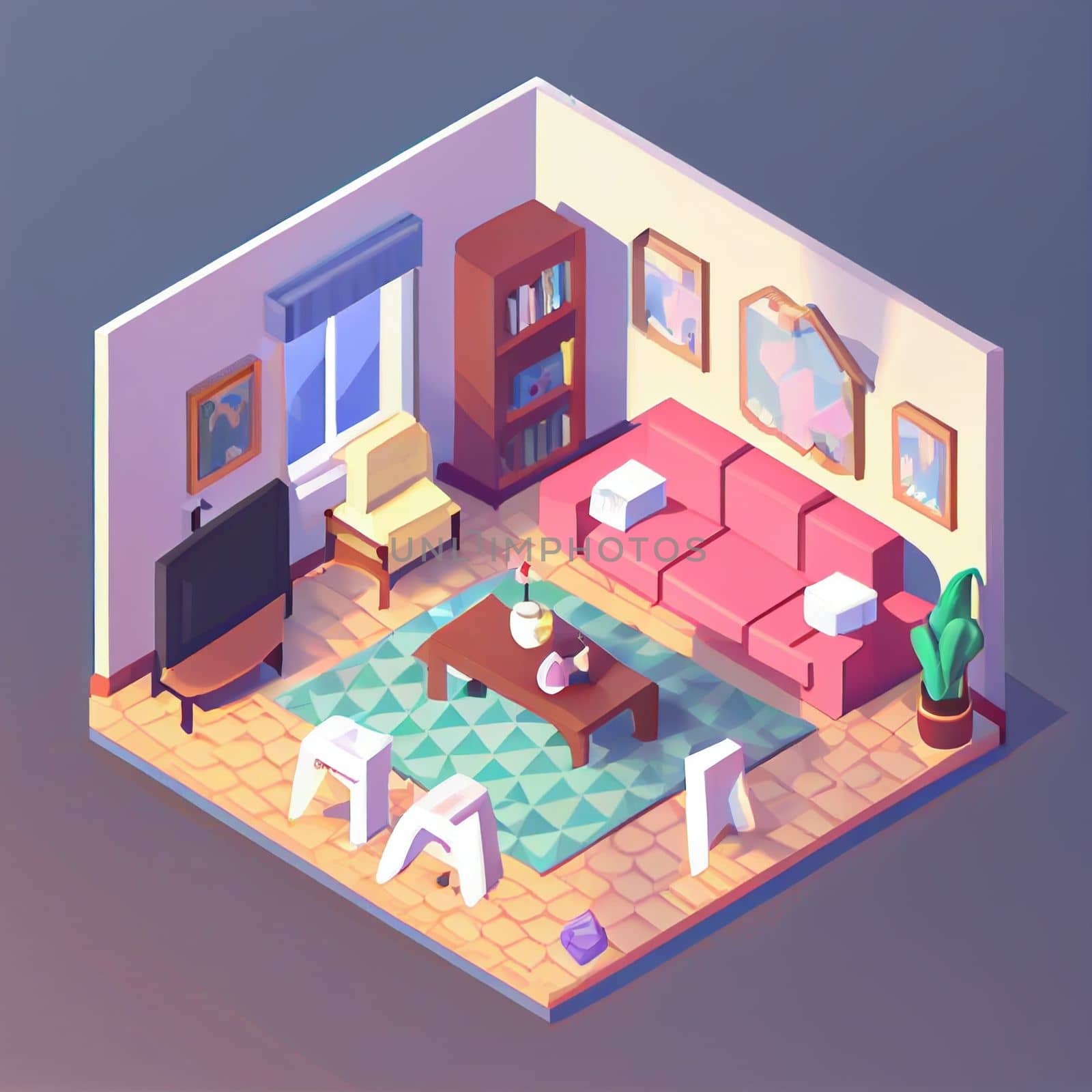 3d illustration isometric interior cute design. Living room includes sofa, coffee table, windows, curtain, clock, frame and other furniture. A lot of voluminous objects and details.