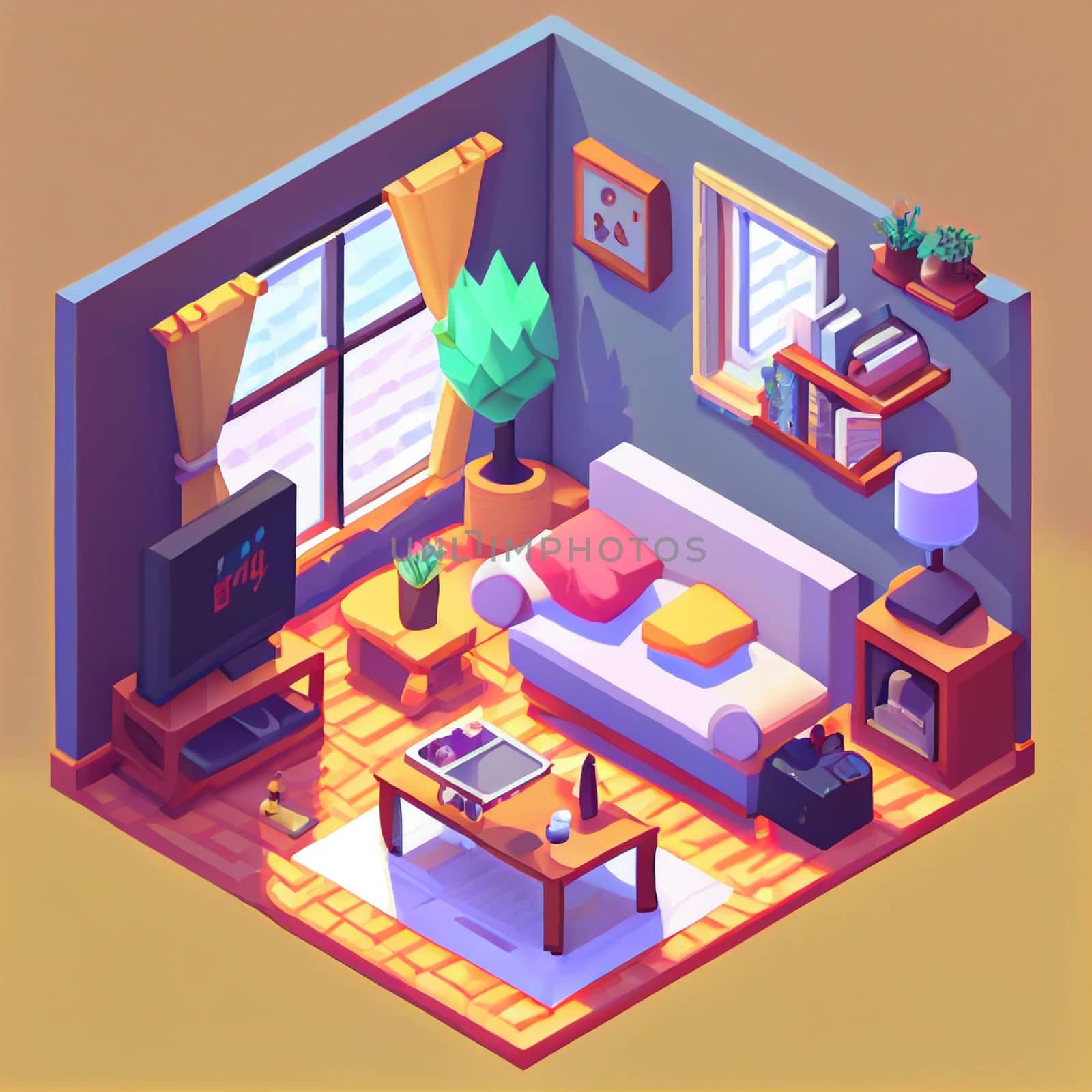 3d illustration isometric interior cute design. Living room includes sofa, coffee table, windows, curtain, clock, frame and other furniture. A lot of voluminous objects and details.