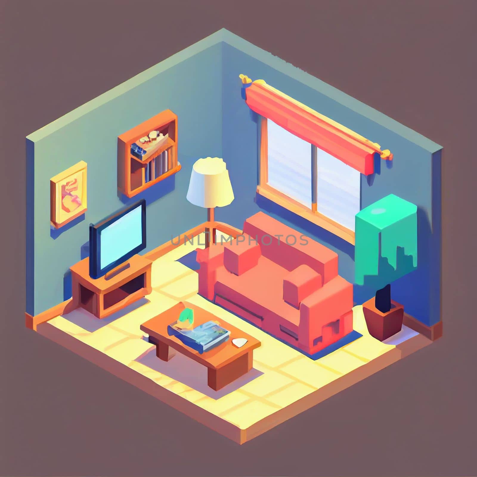 3d illustration isometric interior cute design. Living room includes sofa, coffee table, windows, curtain, clock, frame and other furniture. A lot of voluminous objects and details.