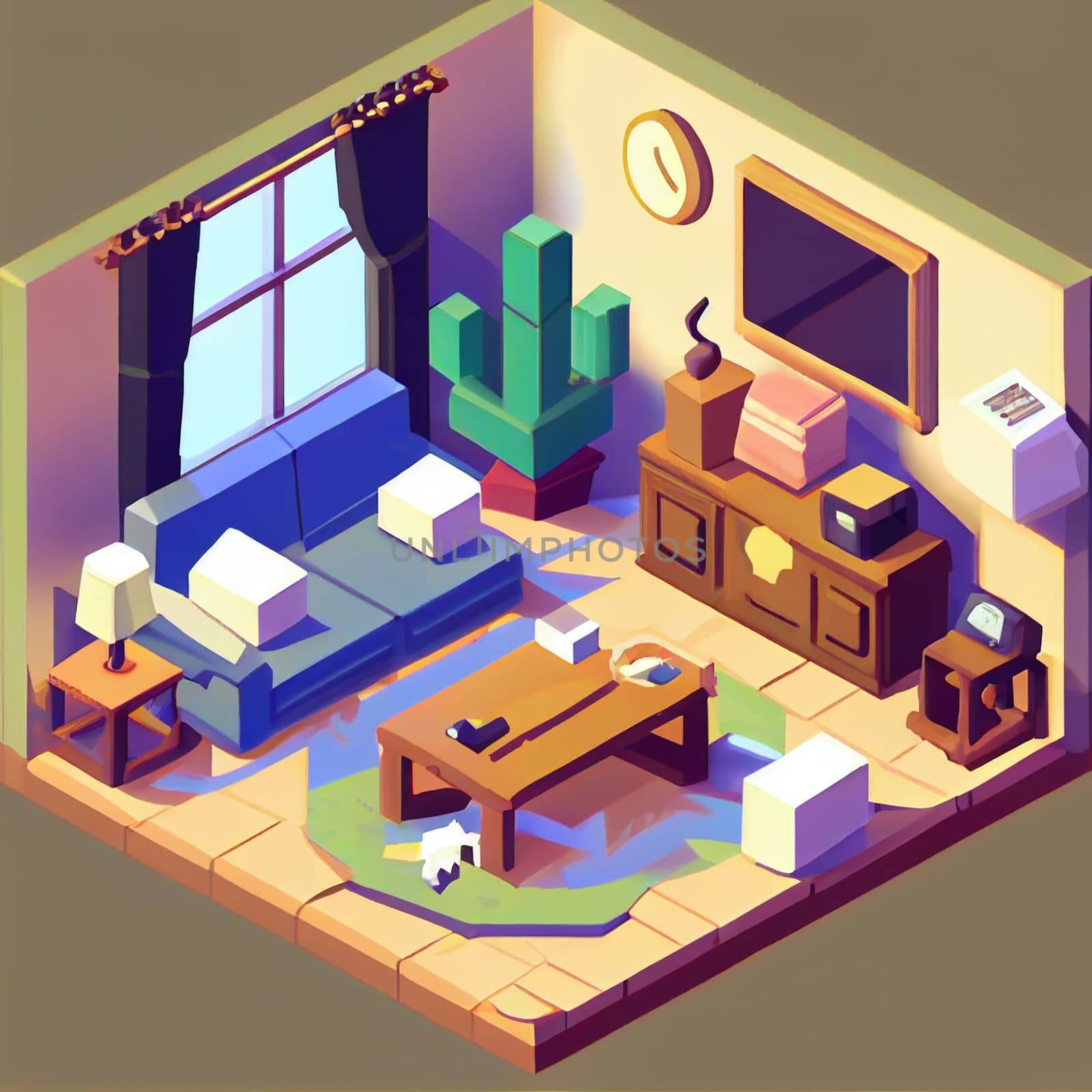 3d illustration isometric interior cute design. Living room includes sofa, coffee table, windows, curtain, clock, frame and other furniture. A lot of voluminous objects and details.