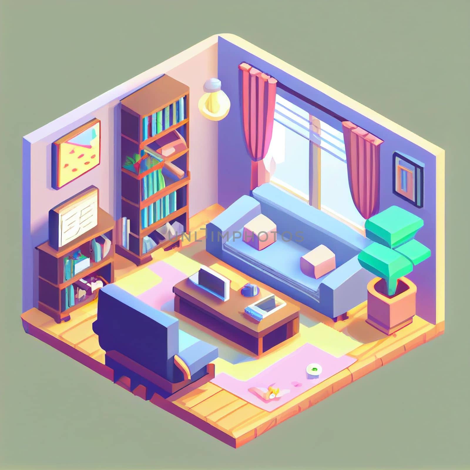 3d illustration isometric interior cute design. Living room includes sofa, coffee table, windows, curtain, clock, frame and other furniture. A lot of voluminous objects and details.