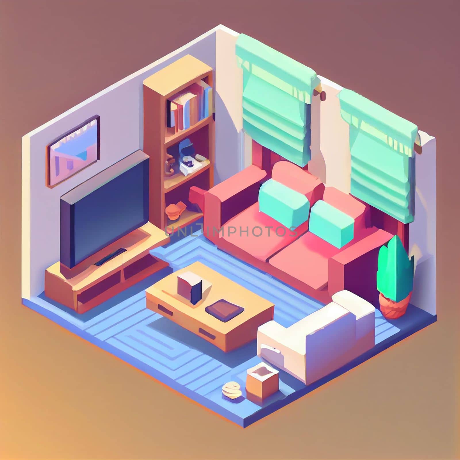 3d illustration isometric interior cute design. Living room includes sofa, coffee table, windows, curtain, clock, frame and other furniture. A lot of voluminous objects and details.