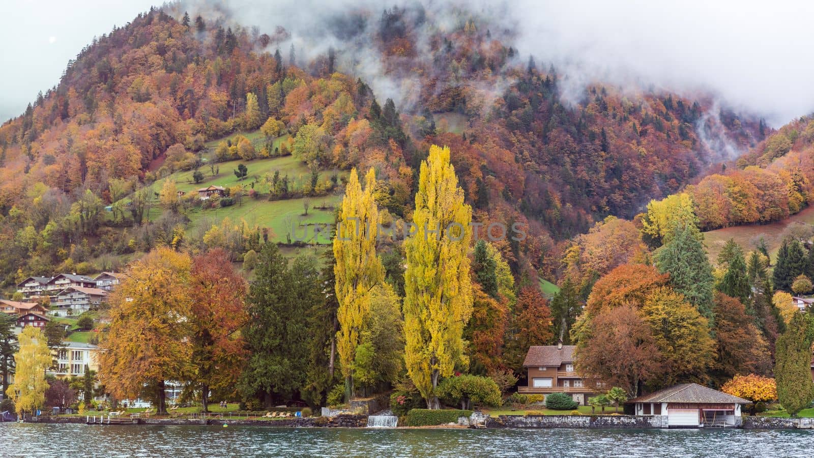 Snow and clouds covered the mountain beside Thun lake in autumn. The trees changing color from green to orange in the village of Interlaken, Switzerland.