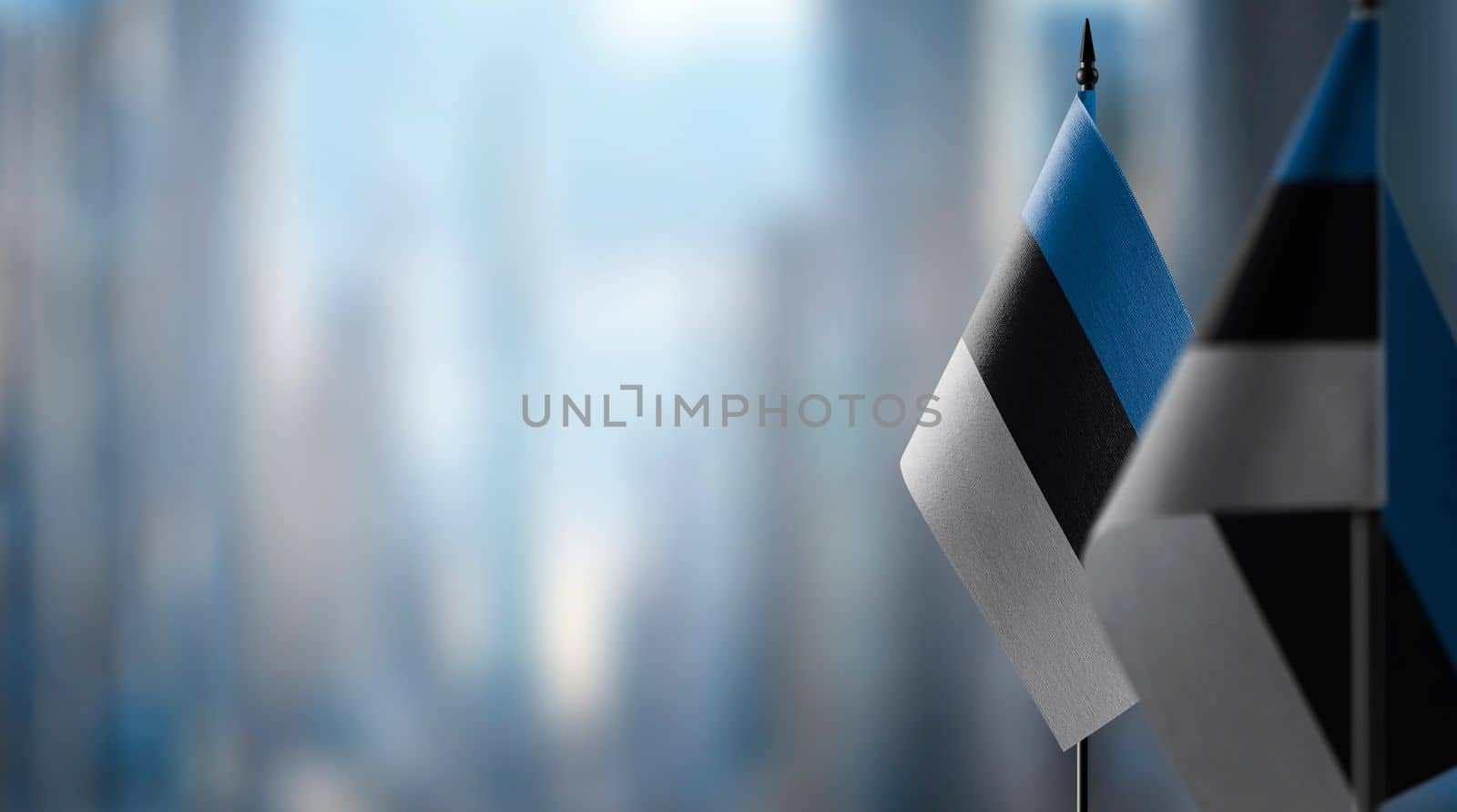 Small flags of the Estonia on an abstract blurry background by butenkow