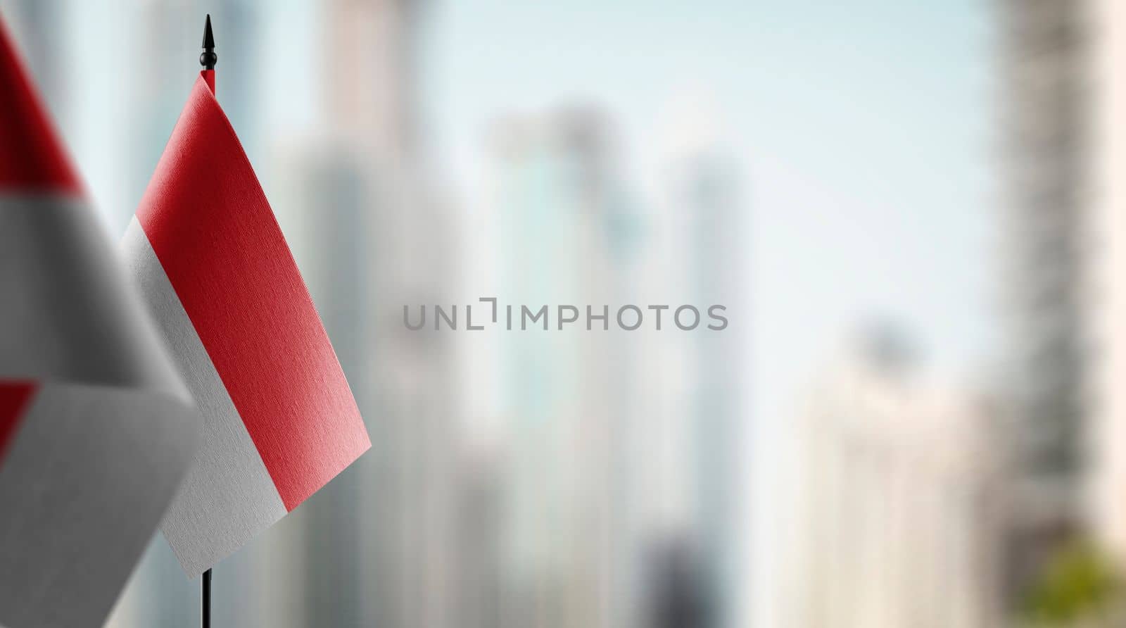 Small flags of the Indonesia on an abstract blurry background.