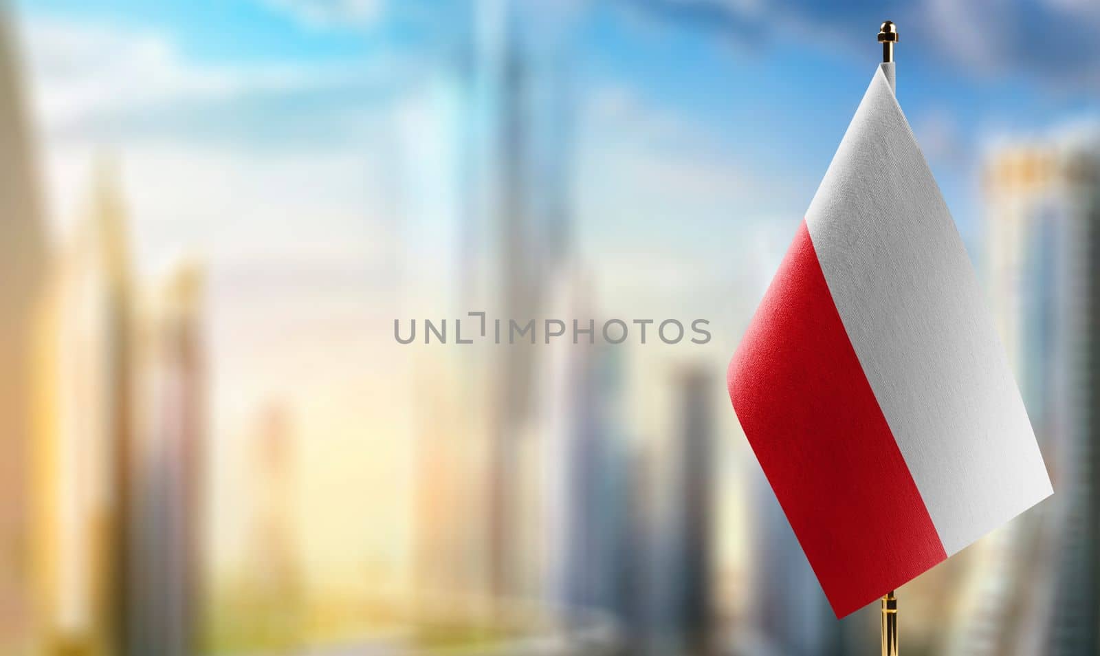 Small flags of the Poland on an abstract blurry background.