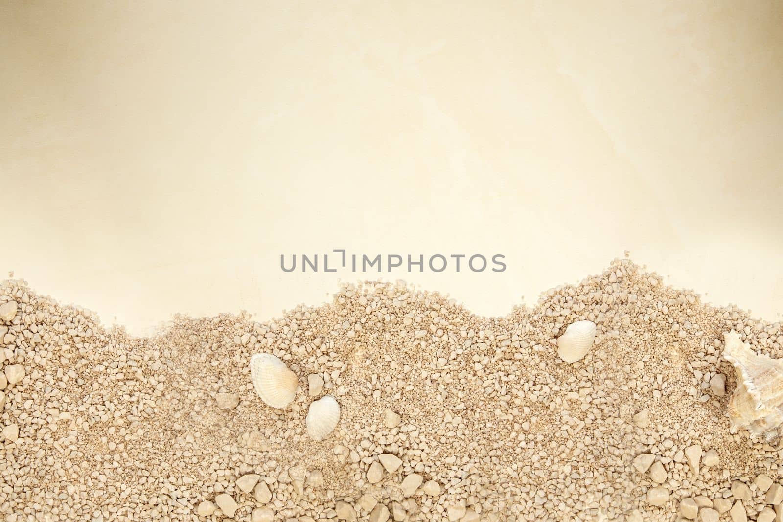 Beach sand texture with sea shells. Sandy beach for background. Top view bounty island copy space background texture, Summer Holiday concept tropical by Annebel146