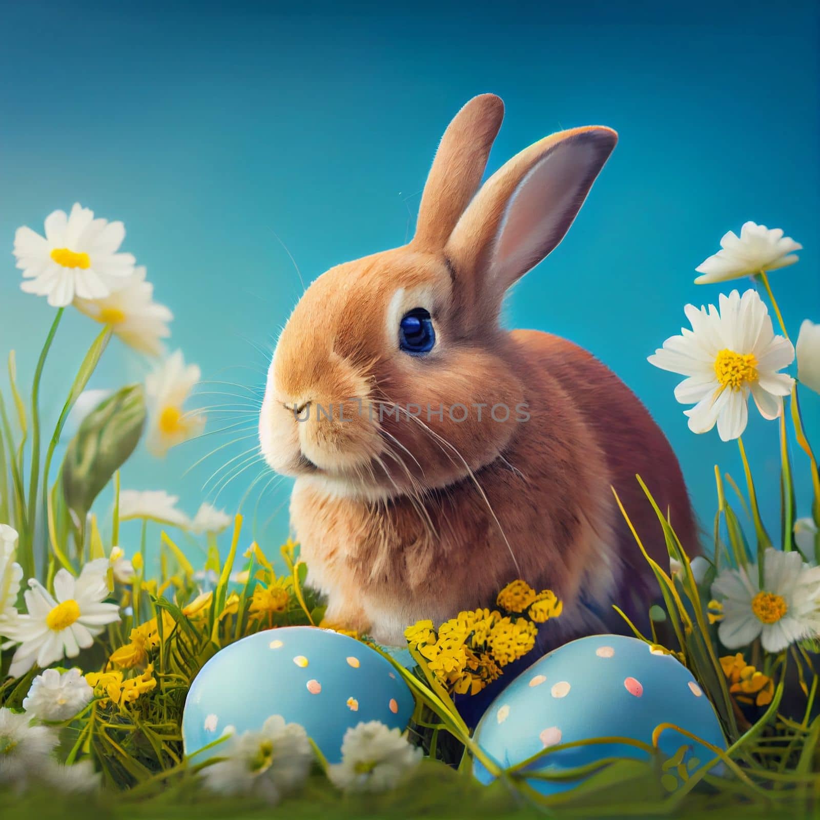 Rabbit and easter eggs in green grass with blue sky. Generative AI.