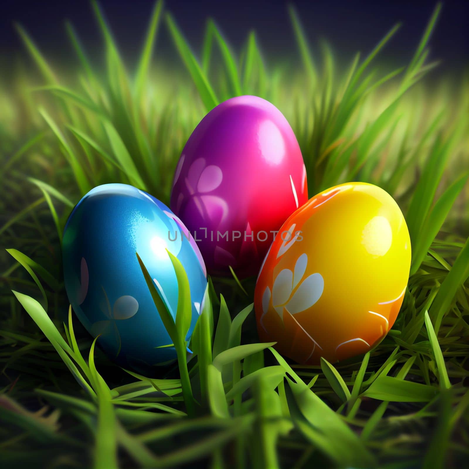 Painted Easter eggs on the grass. Generative AI.