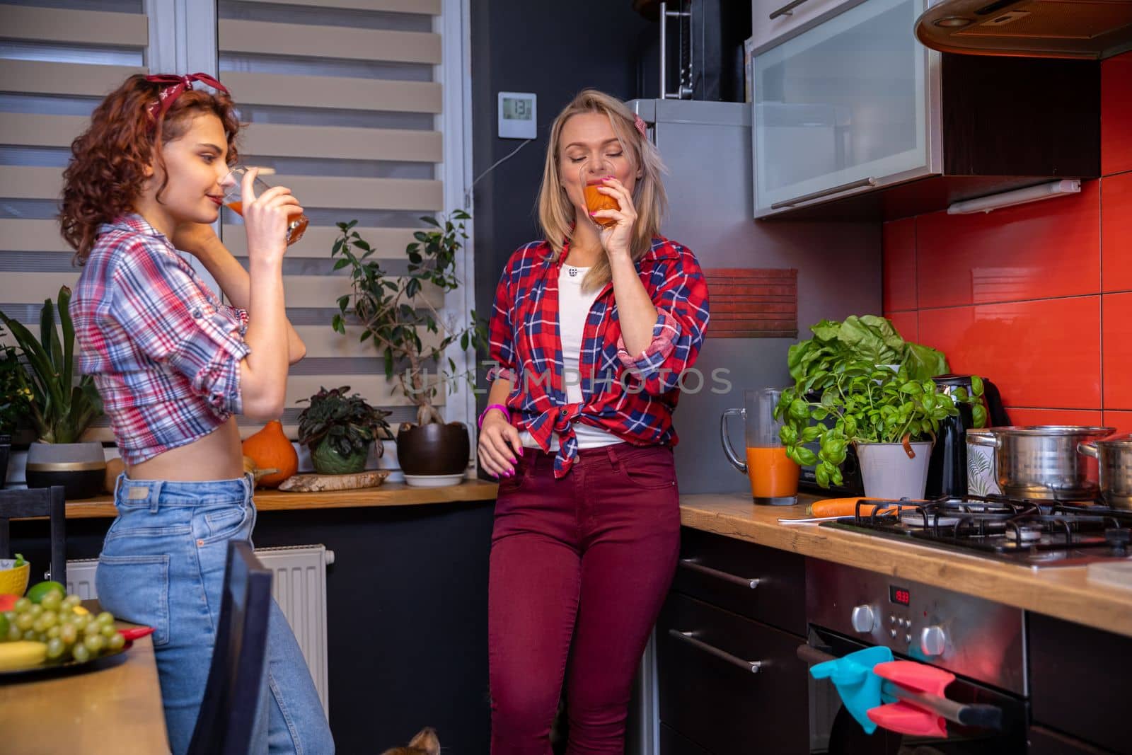 Two women dressed in pin-up style stand in the kitchen and drink fruit juice from tall glasses. There are pots on the gas stove and dishes and herbs growing in a pot on the counter next to them.