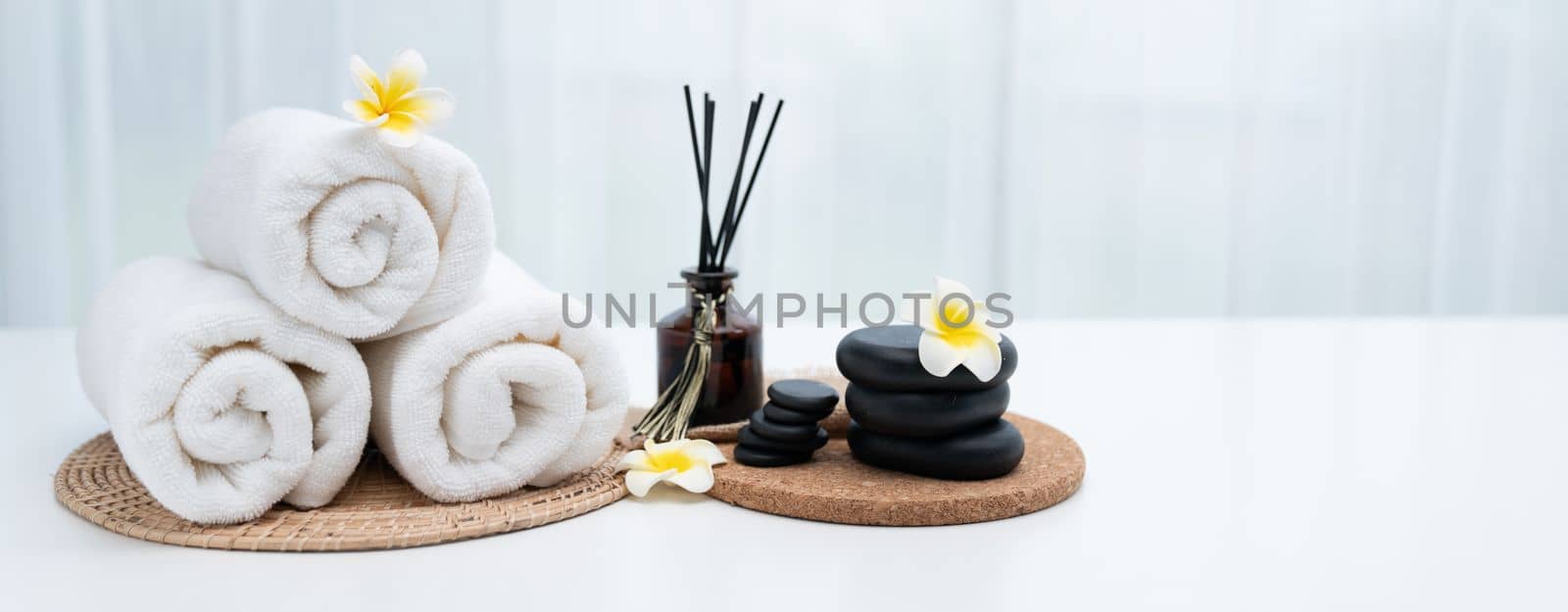 Spa accessory composition set in day spa hotel , beauty wellness center by biancoblue