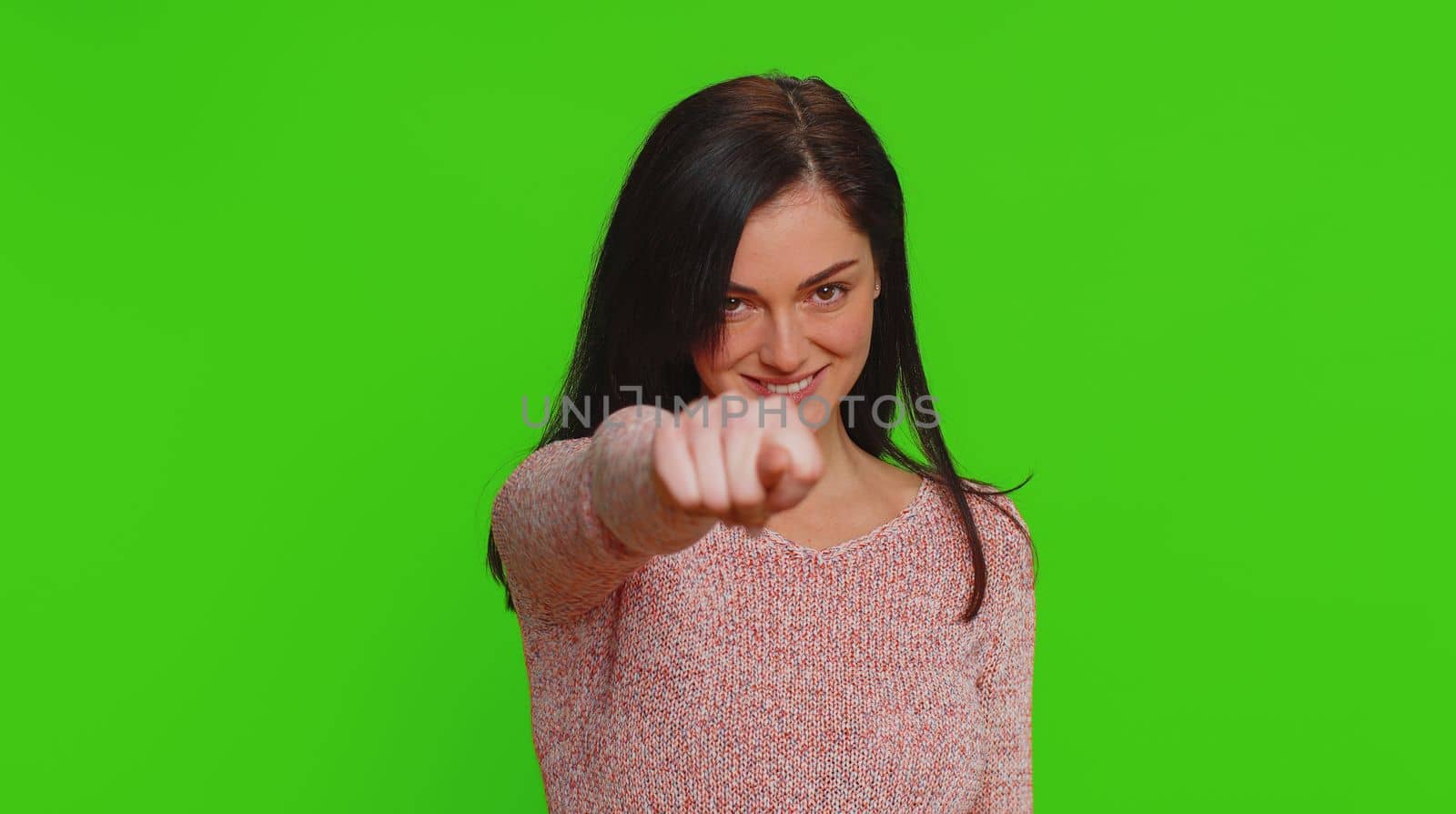 Angry aggressive pretty woman showing fig negative gesture, you dont get it anyway. Rapacious, avaricious, acquisitive. Body language. Refusal fig sign. Greedy avaricious girl on chroma key background