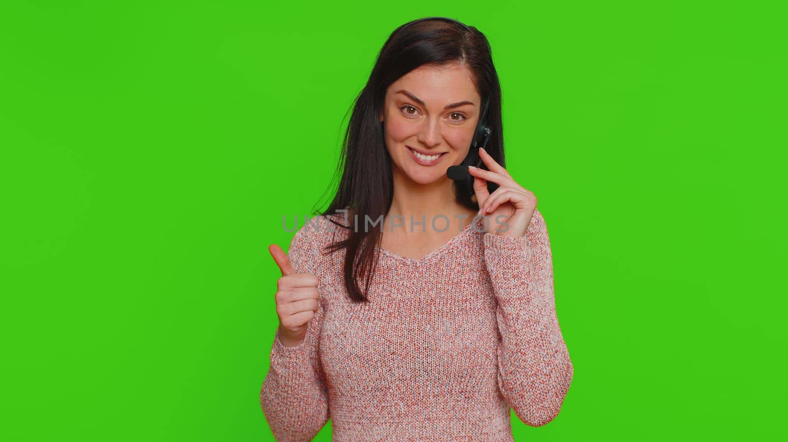 Woman wearing headset freelance worker, call center, support service operator helpline communication by efuror