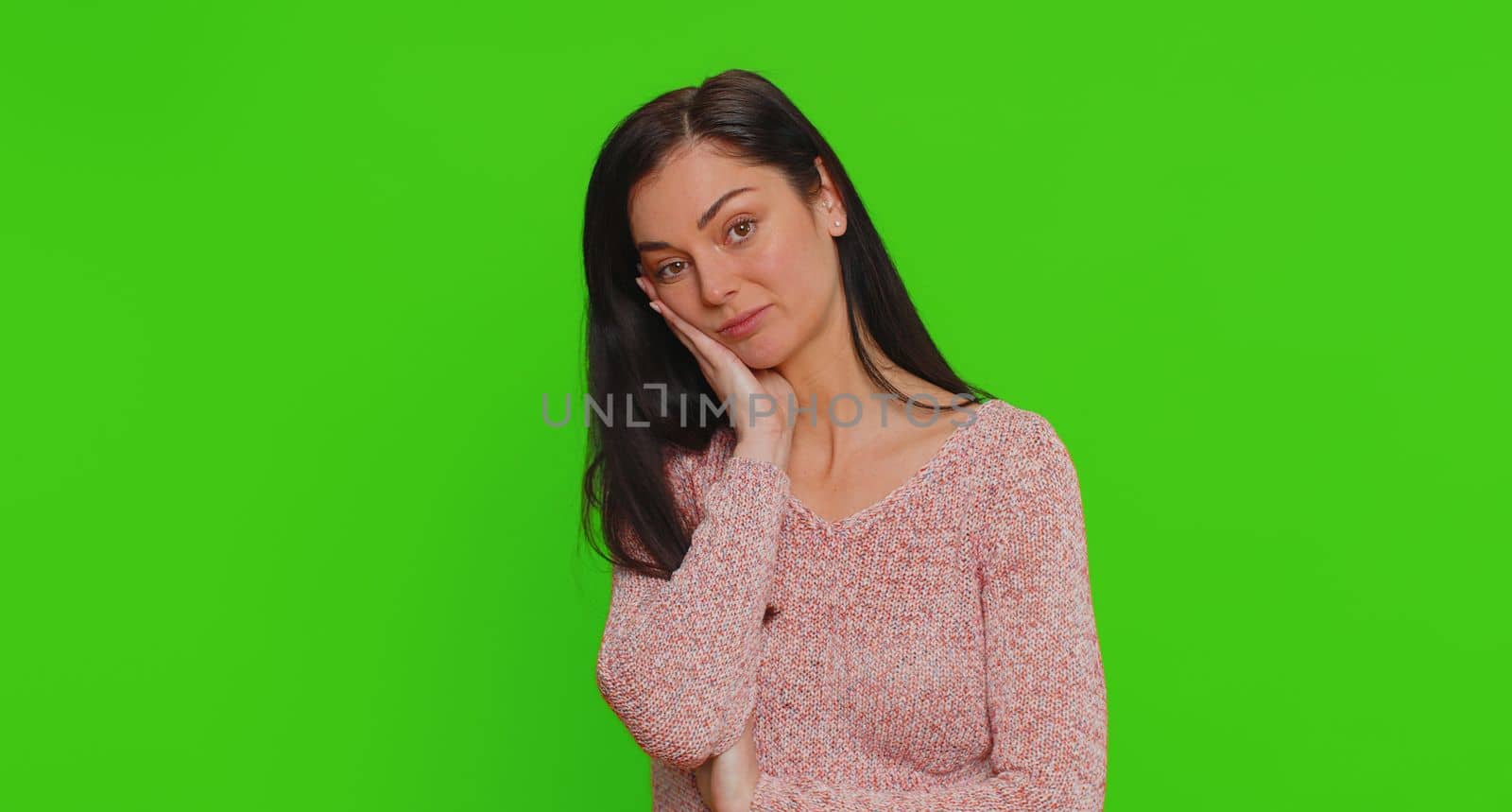 Sad tired bored pretty woman indifferent expression, exhausted of tedious story, not interested in communication talk, displeasure, uninteresting. Young girl isolated alone on chroma key background