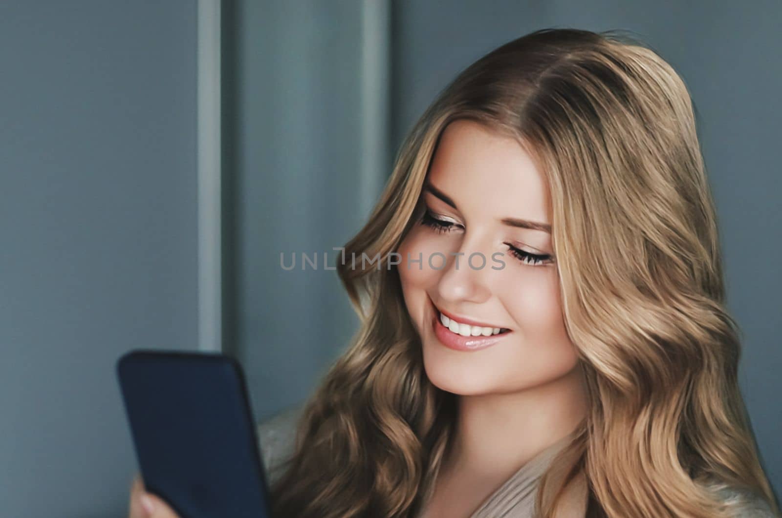 Beautiful woman having a video call and talking on mobile phone, girl doing online shopping on smartphone.