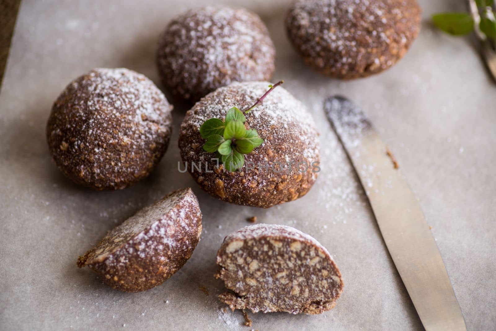 chocolate sweet cakes made from pureed cookies with additives, on baking paper.