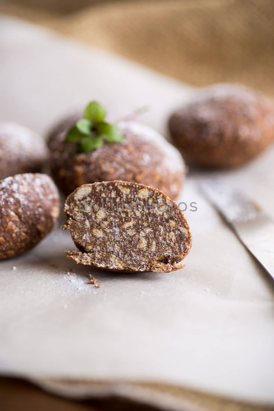 chocolate sweet cakes made from pureed cookies with additives, on baking paper.